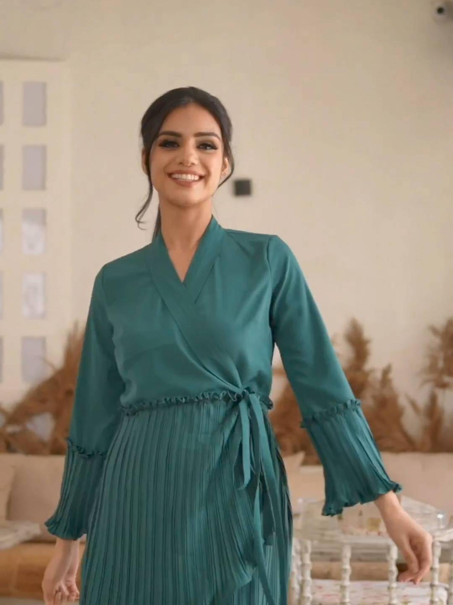 Pleated Wrap Teal Dress