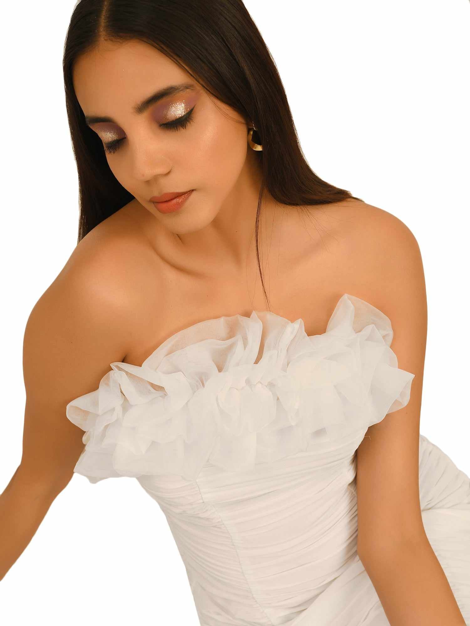 off shoulder ruffle ruche dress