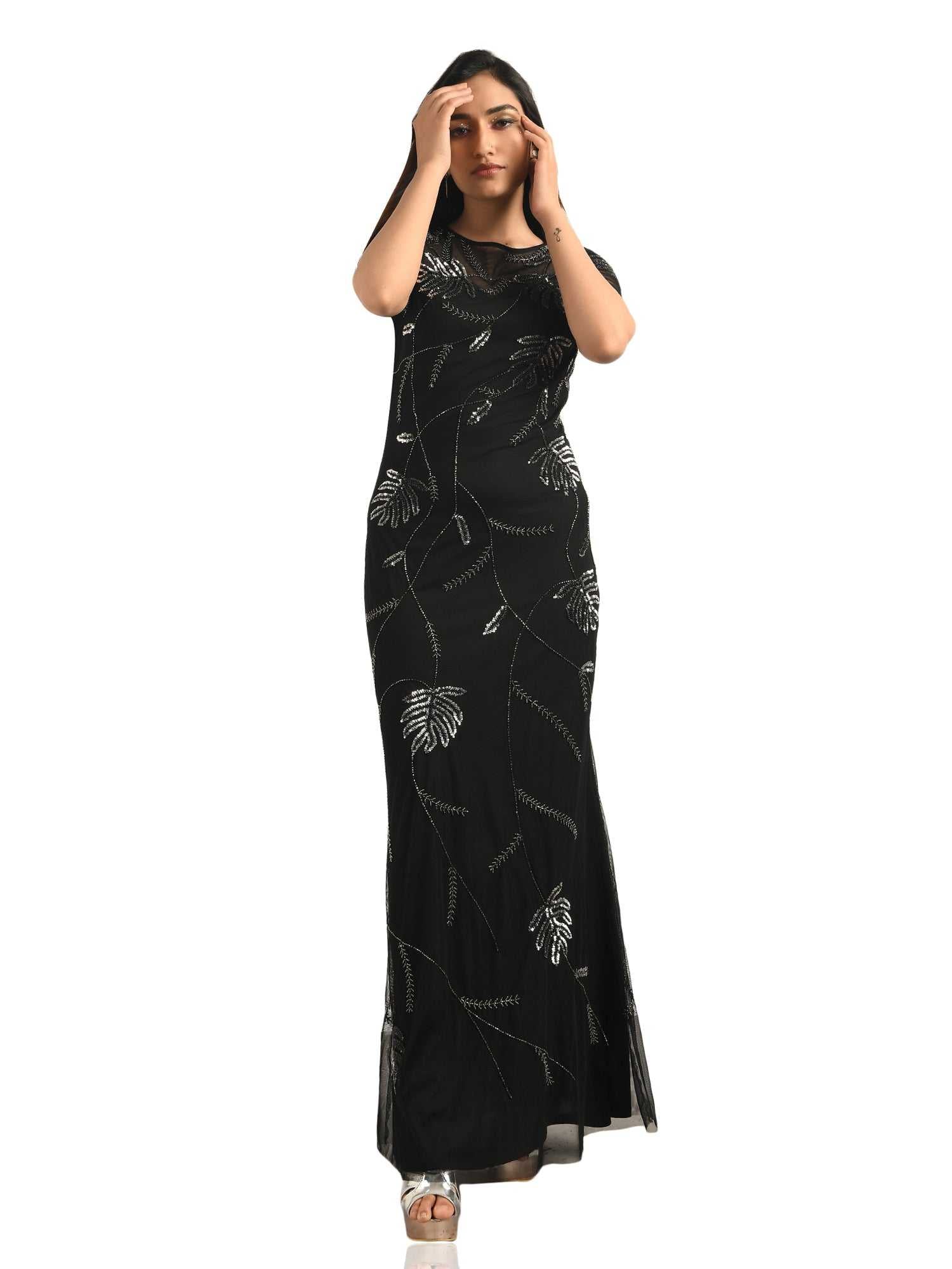 all over leaf black gown
