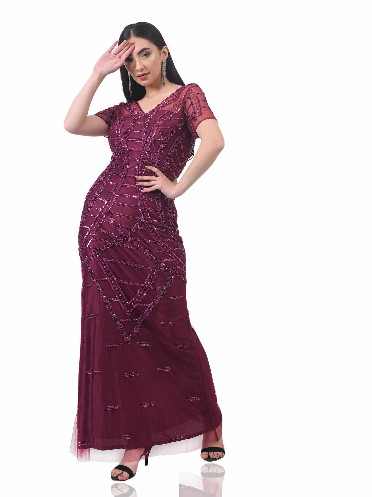 wine on wine embellished gown