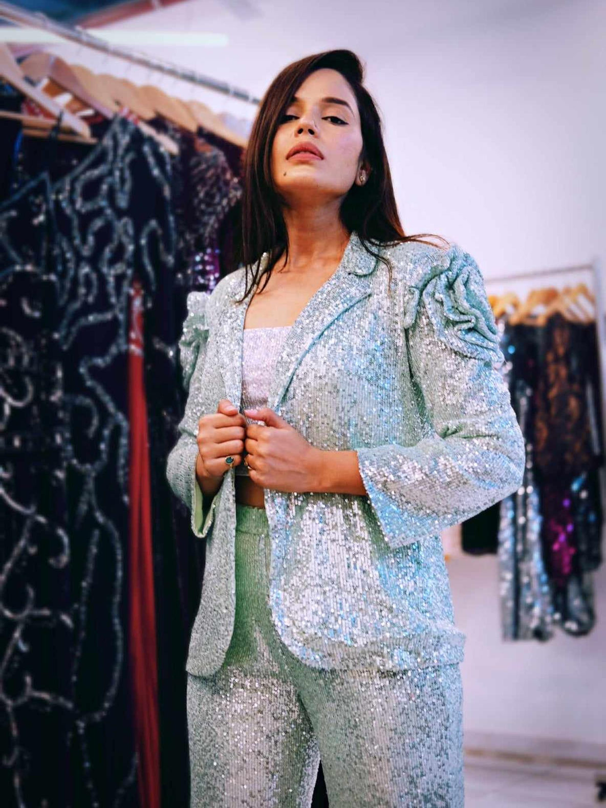 floral sequins green blazer