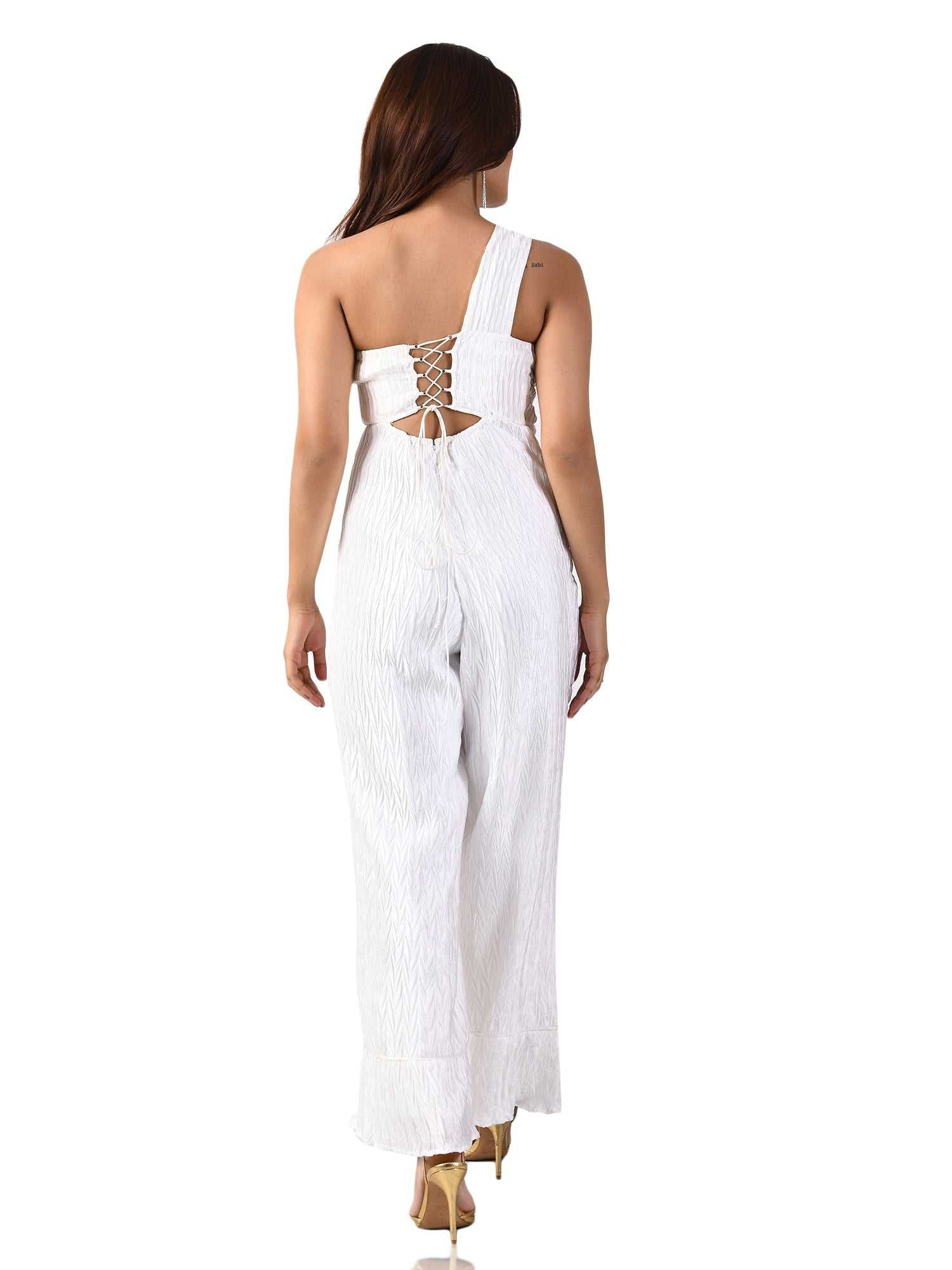 one shoulder white jumpsuit