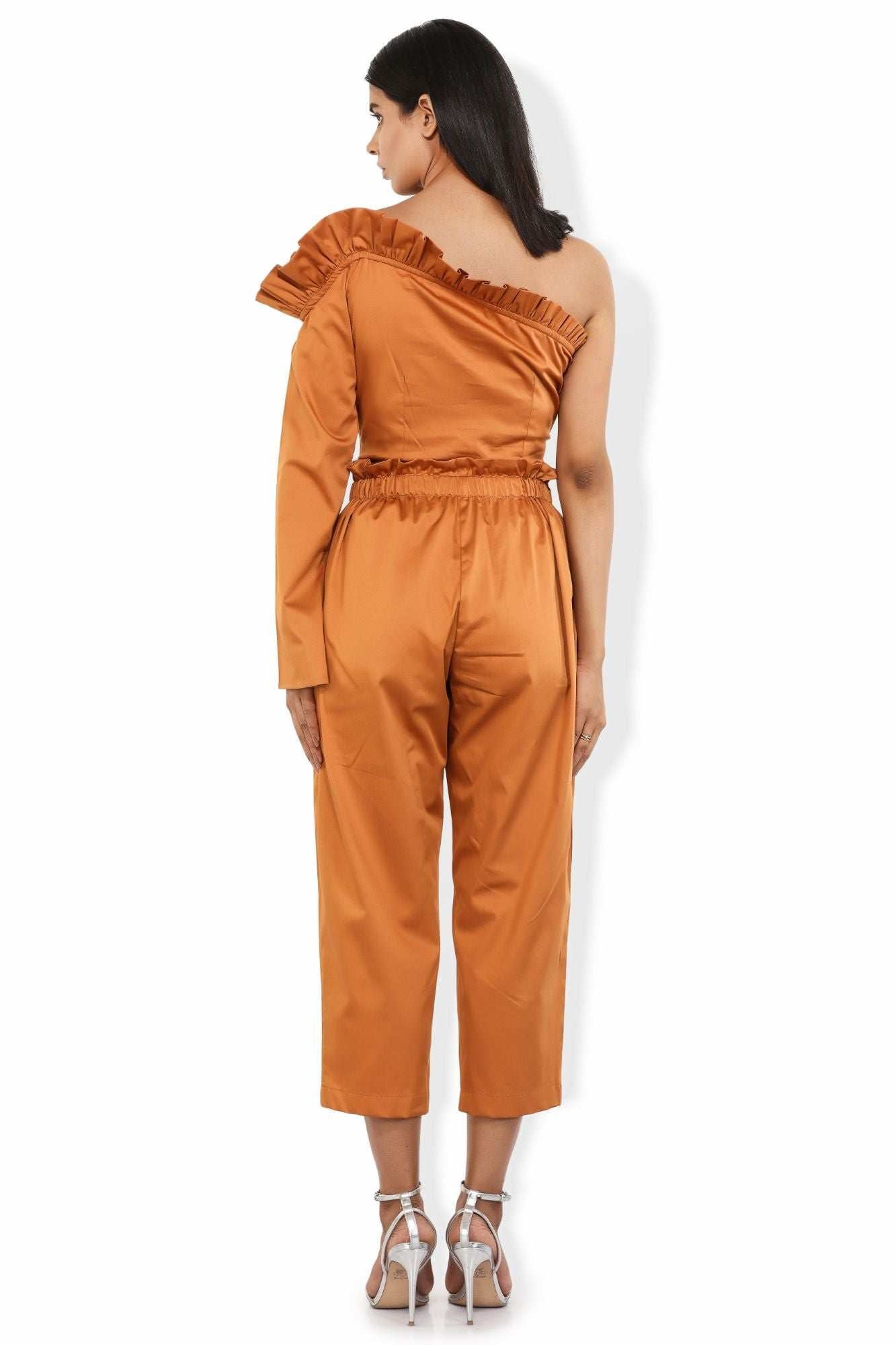 carrot hue pleated waistline cotton satin blend crop pants