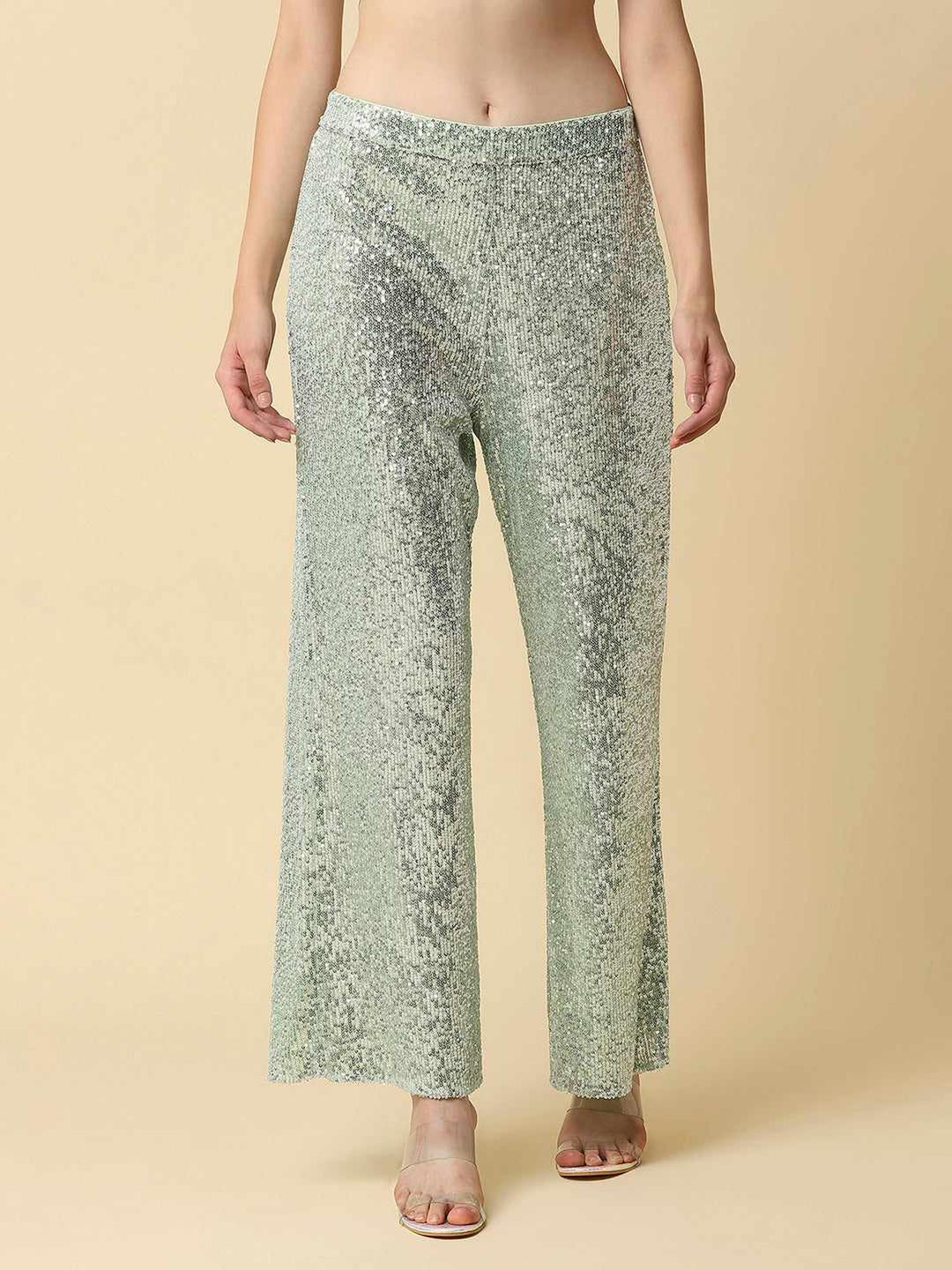 glittering sequined tulle high rise pants