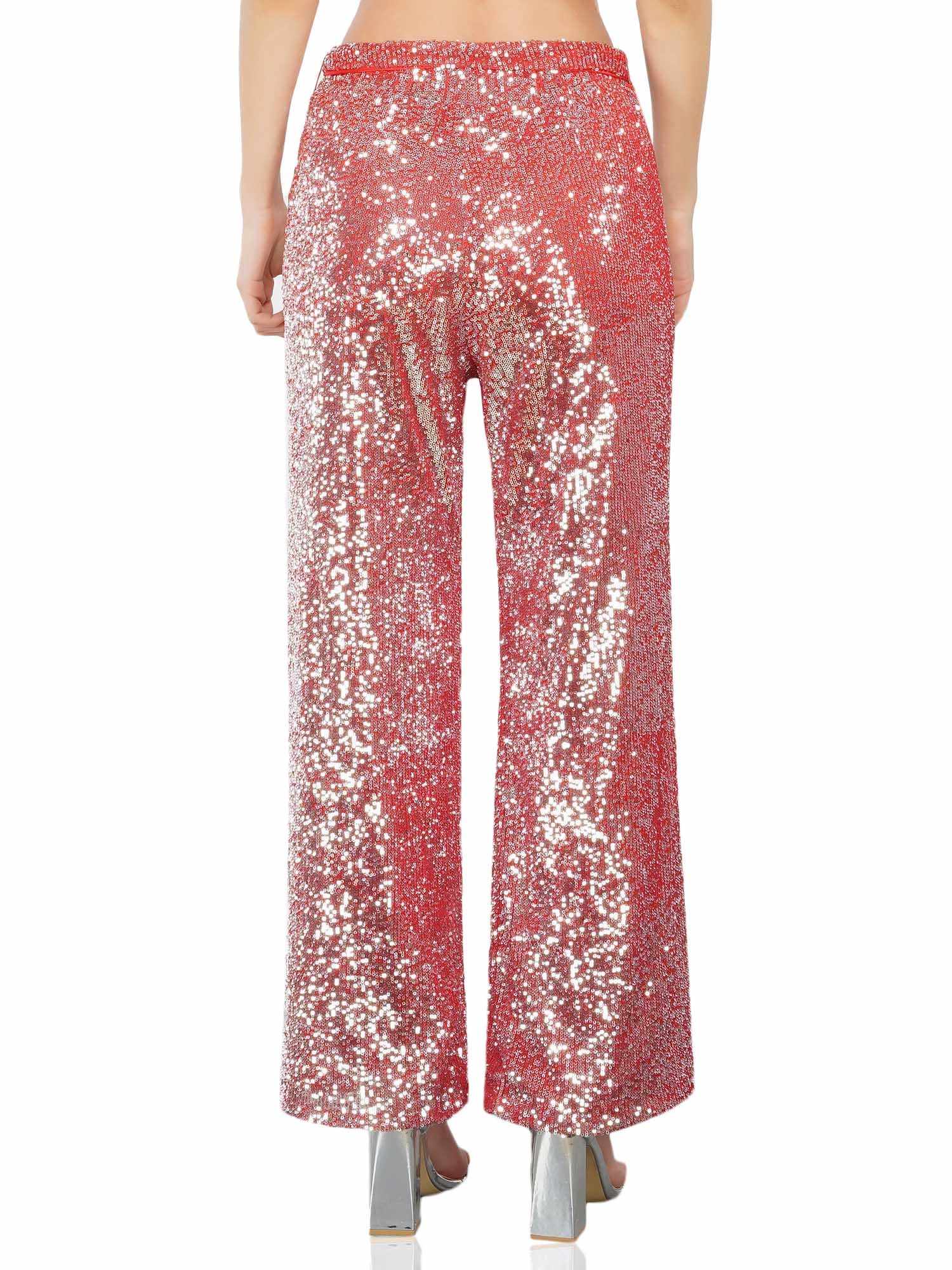 red sequined tulle high rise pants