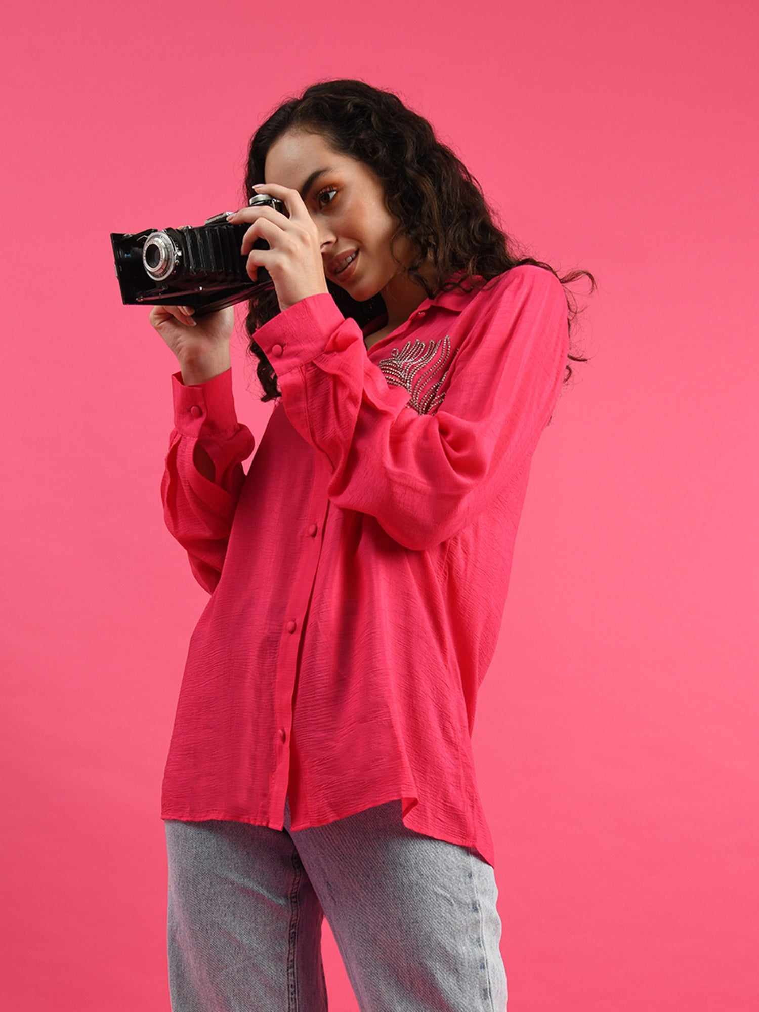 deluxe embellished fuchsia pink shirt