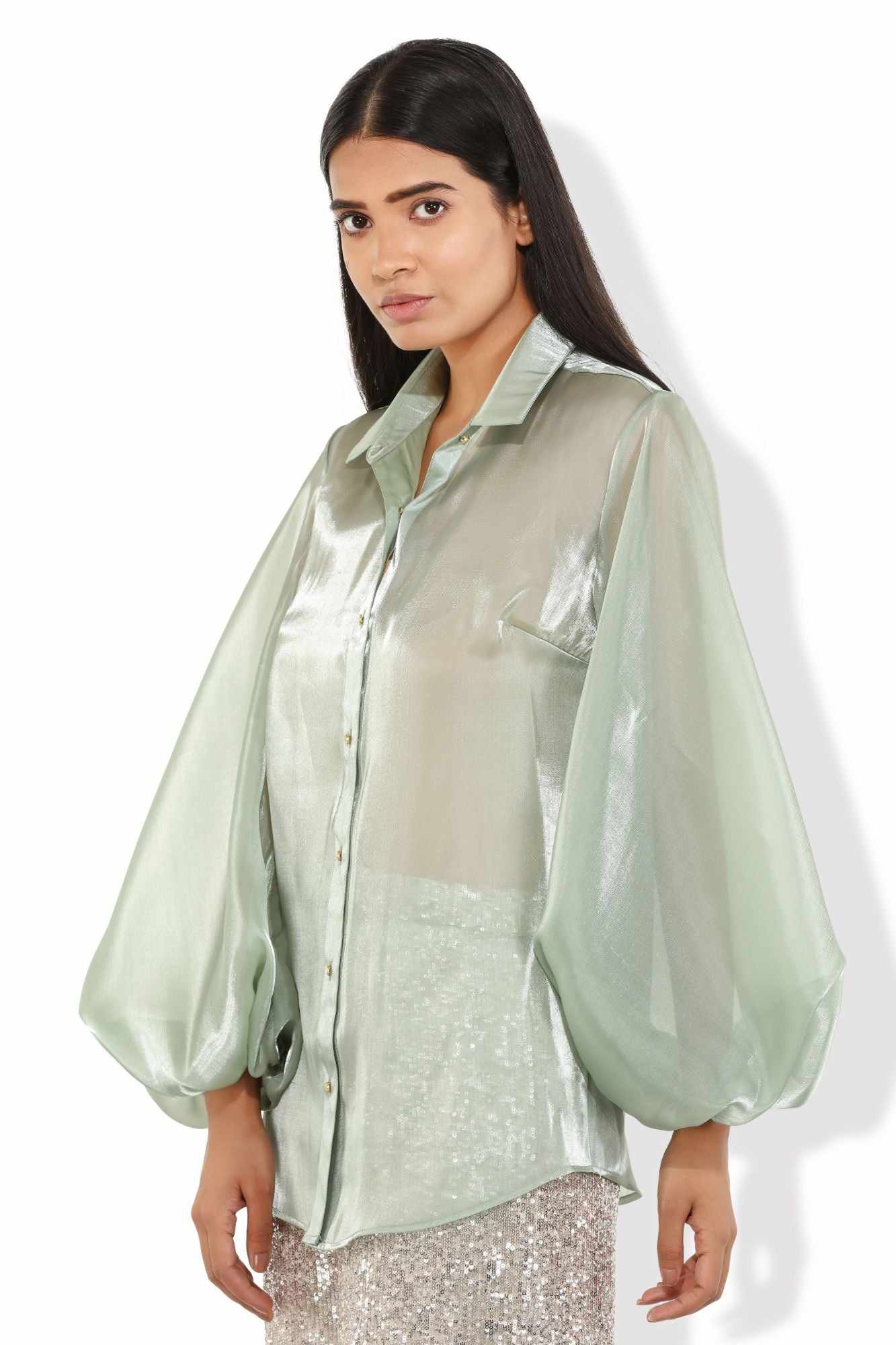 lime green billowy sleeved glass organza shirt