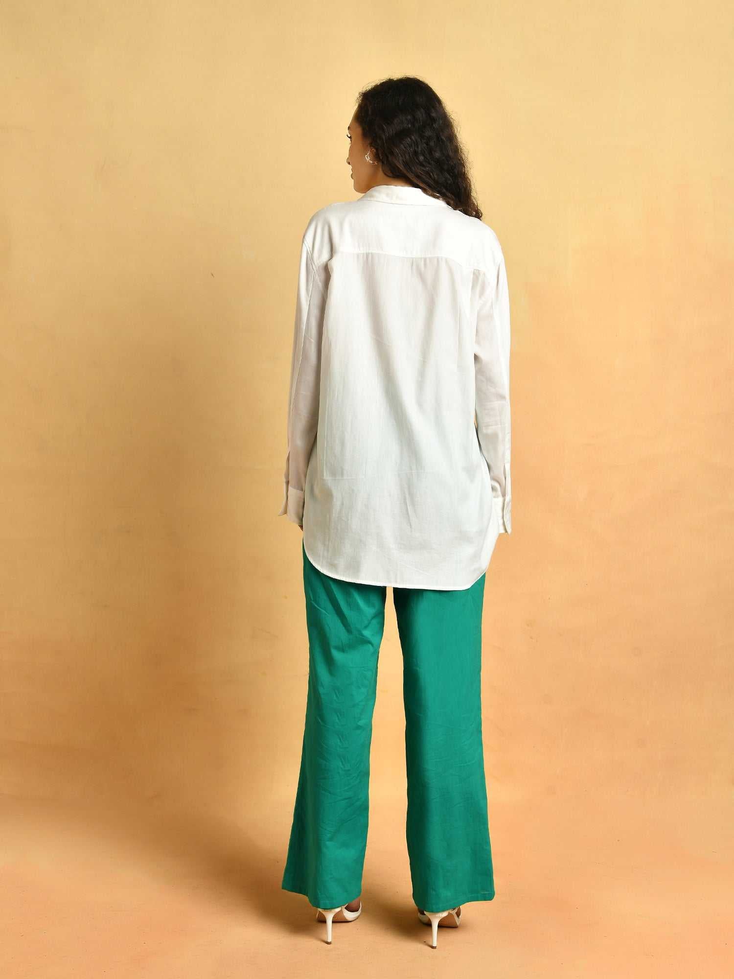 white cinched shirt with toggle