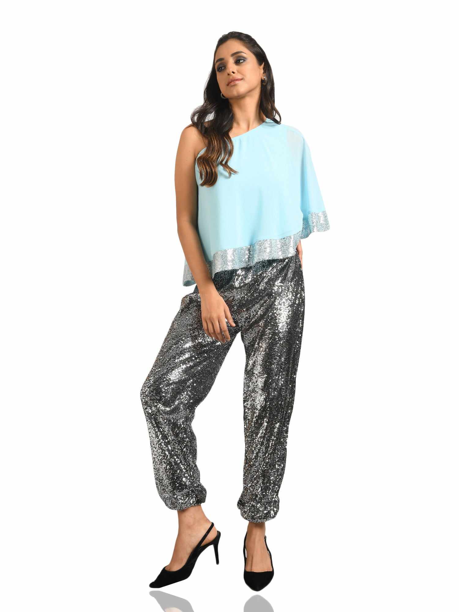 one shoulder cape blue top  