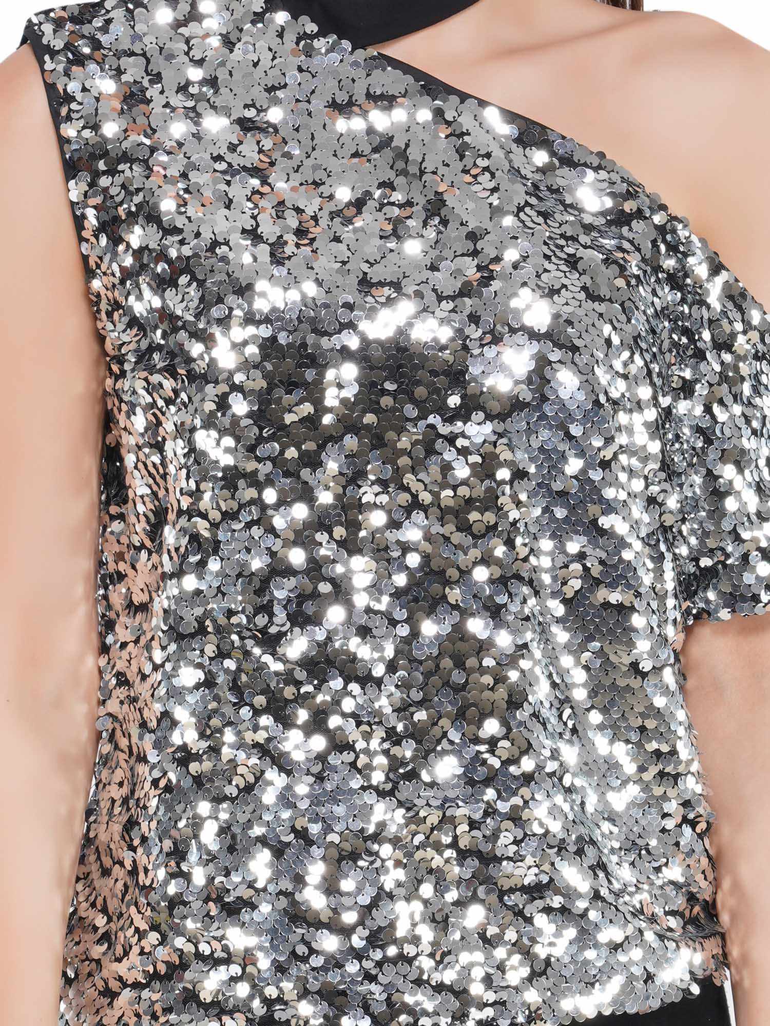glittering cutout sequined tulle top