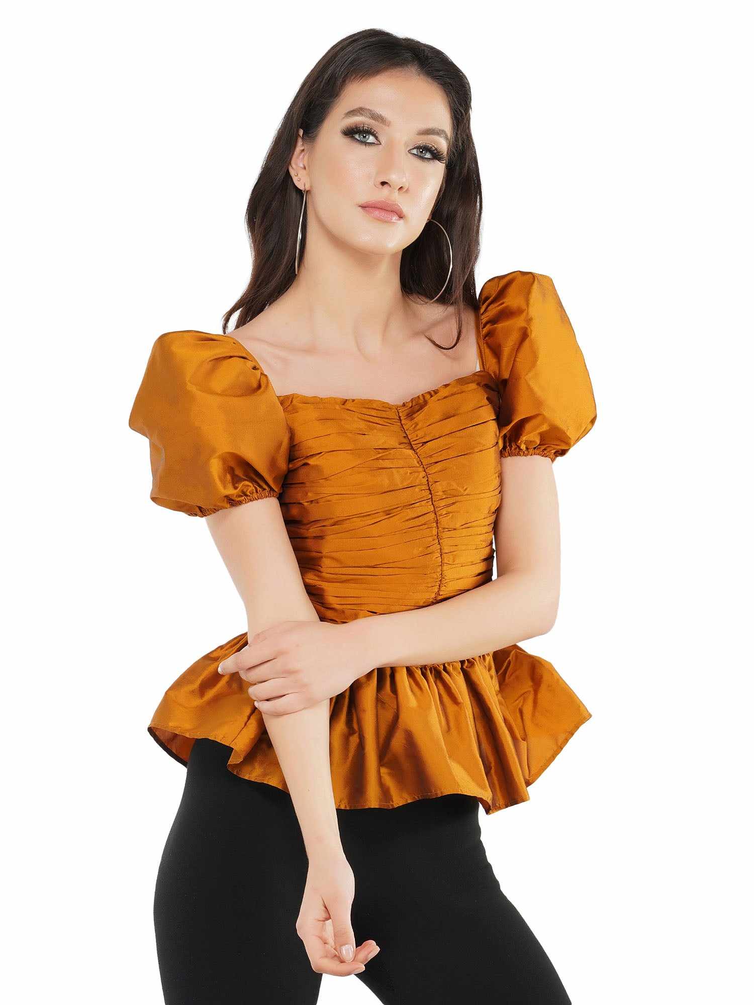 bronze ruched puff sleeves top