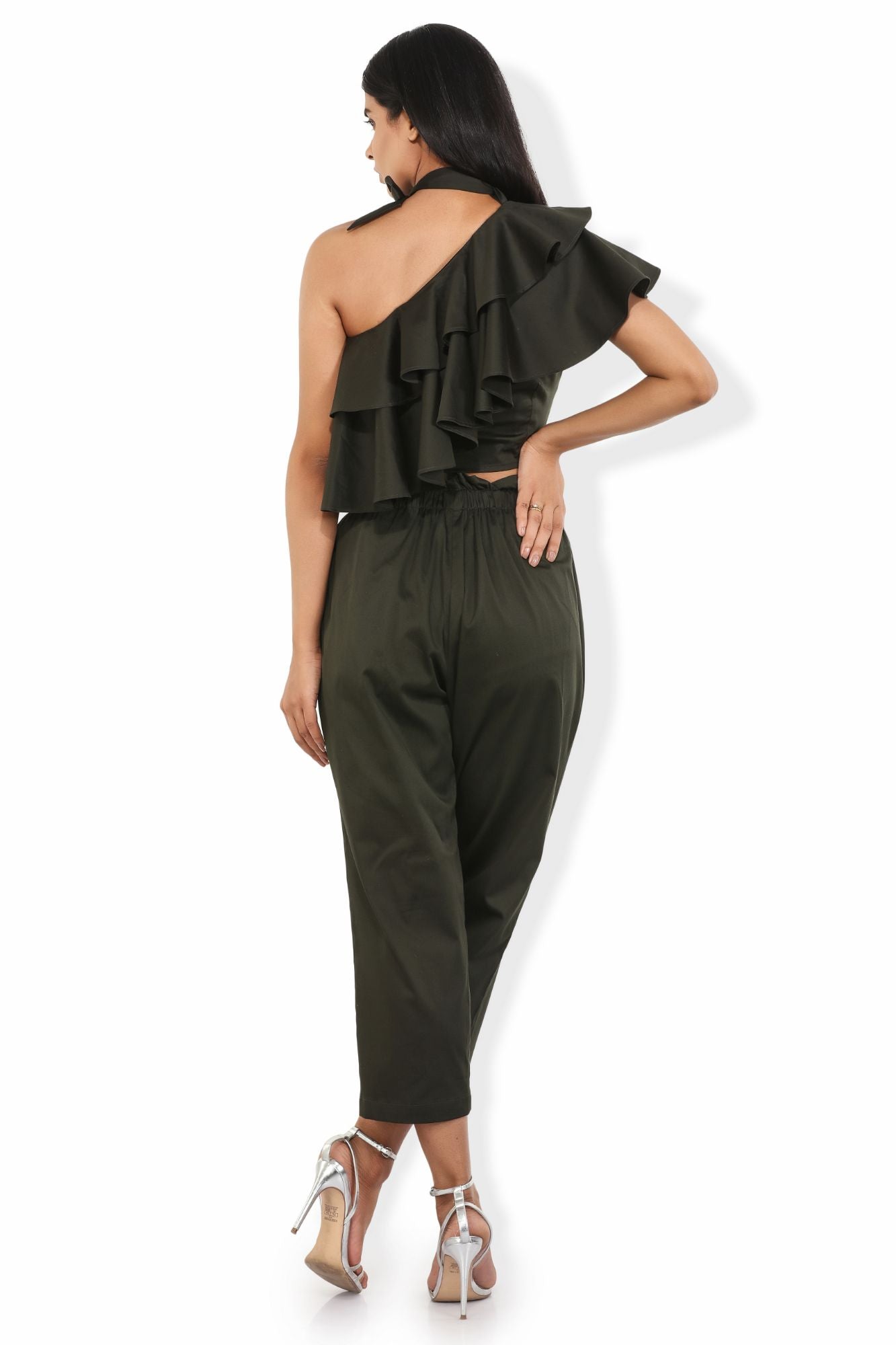 off shoulder fern green ruffled crop blouse with neck bow tie