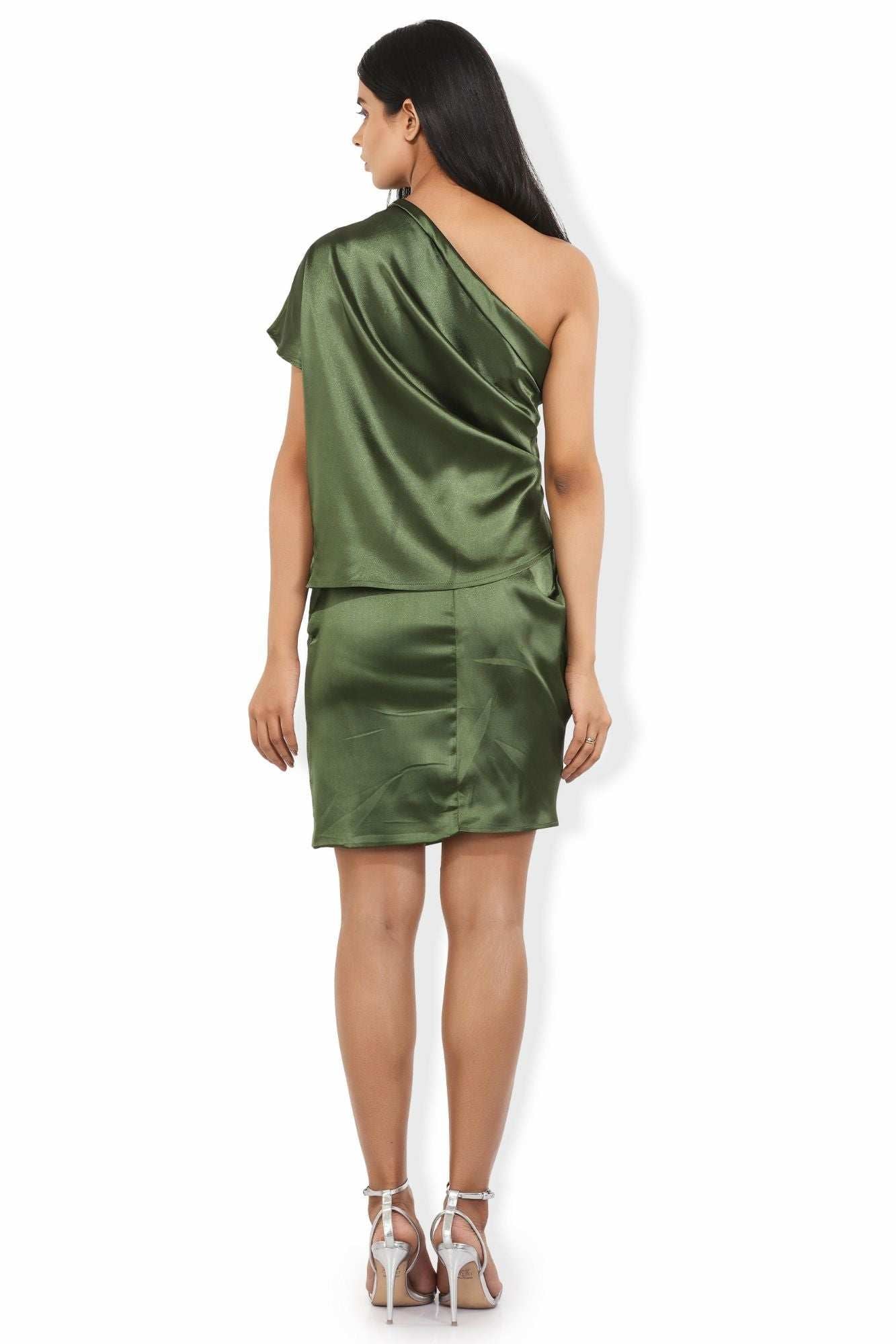 shiny satin olive green ruched top