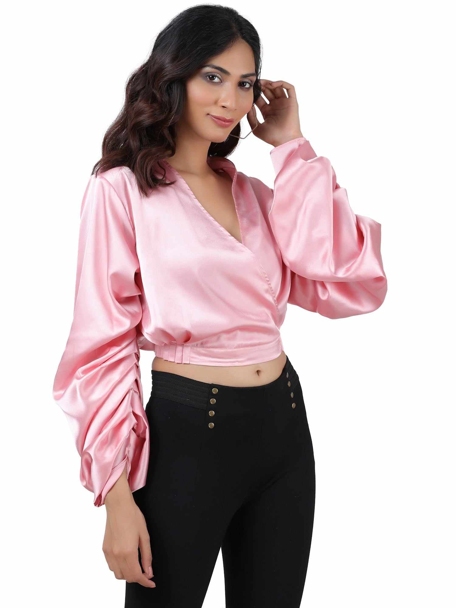folksy blush pink satiny crop top