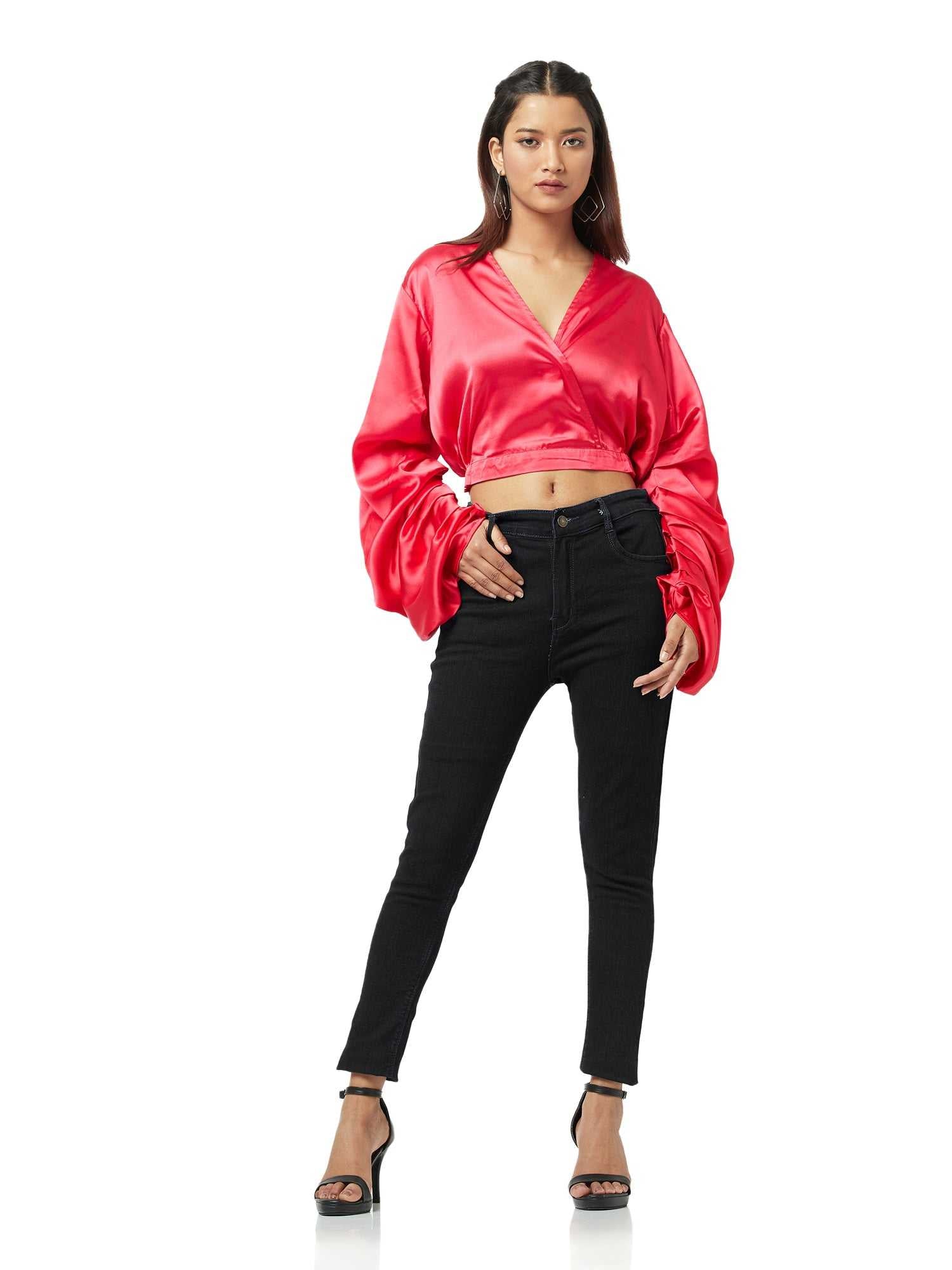 folksy pearl red satiny crop top