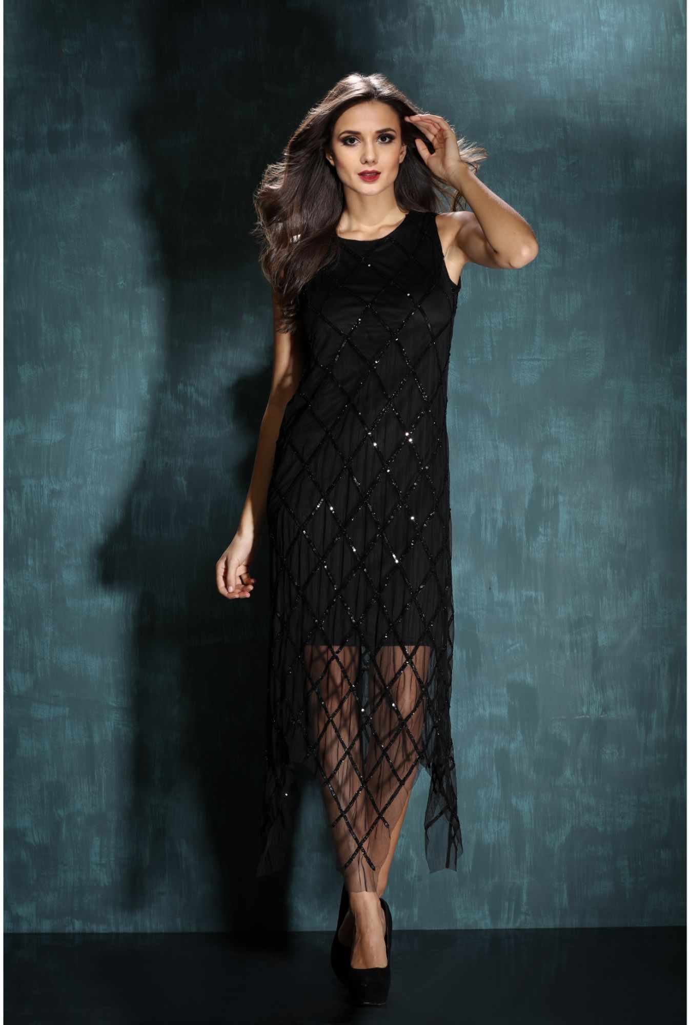 diagonal grid black sequin dress