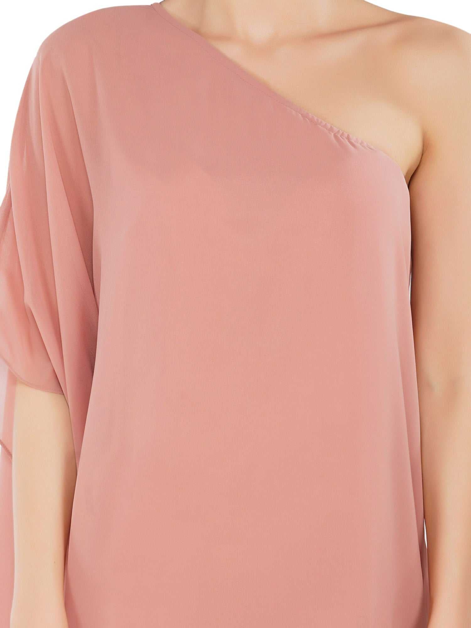 pink one shoulder draped dress