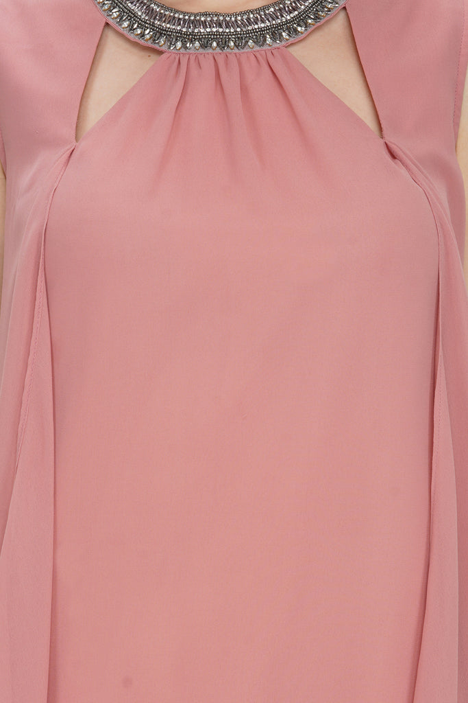 pink necklace cape sleeves dress  