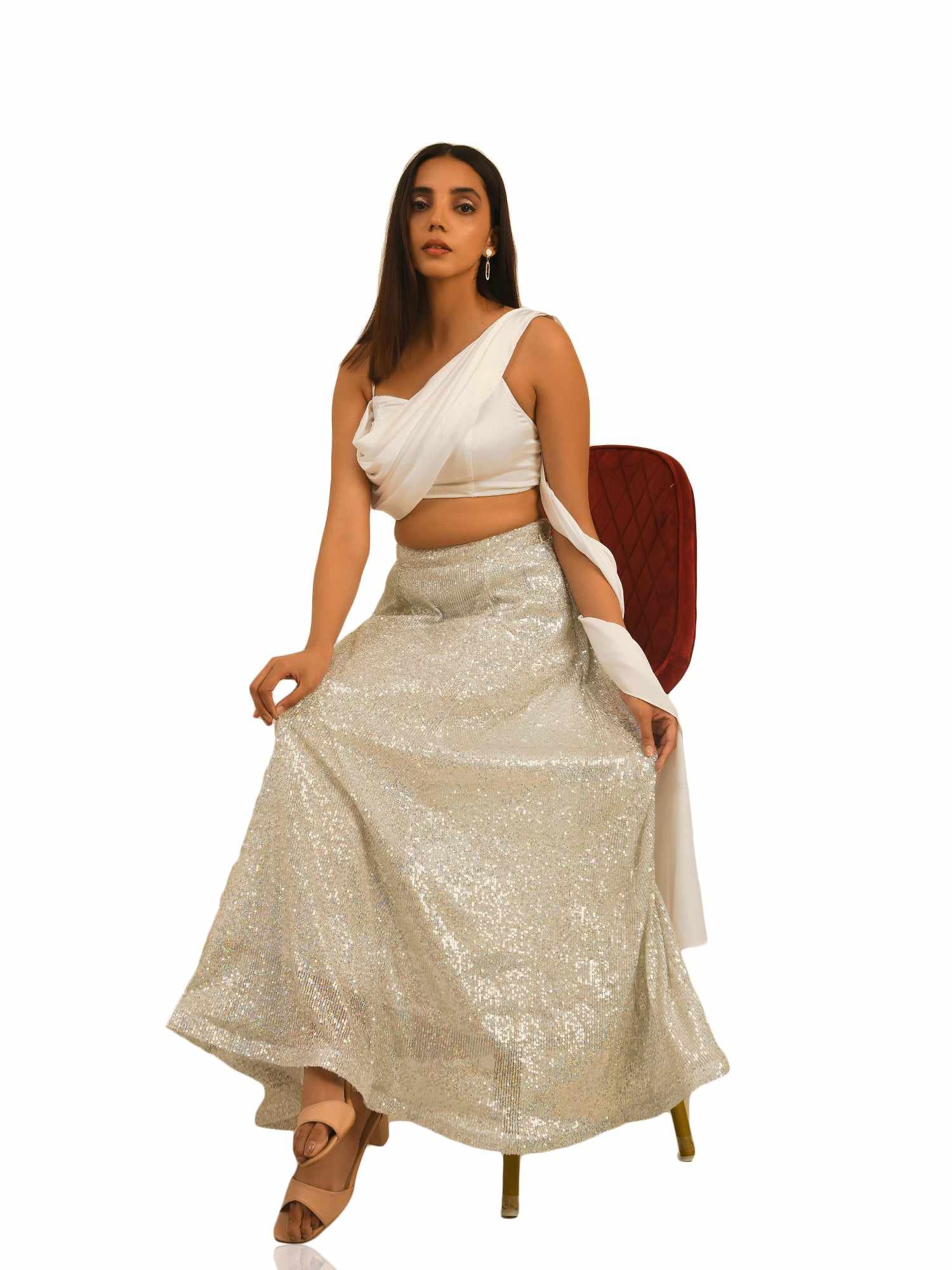 pearl white sequins skirt with satin top