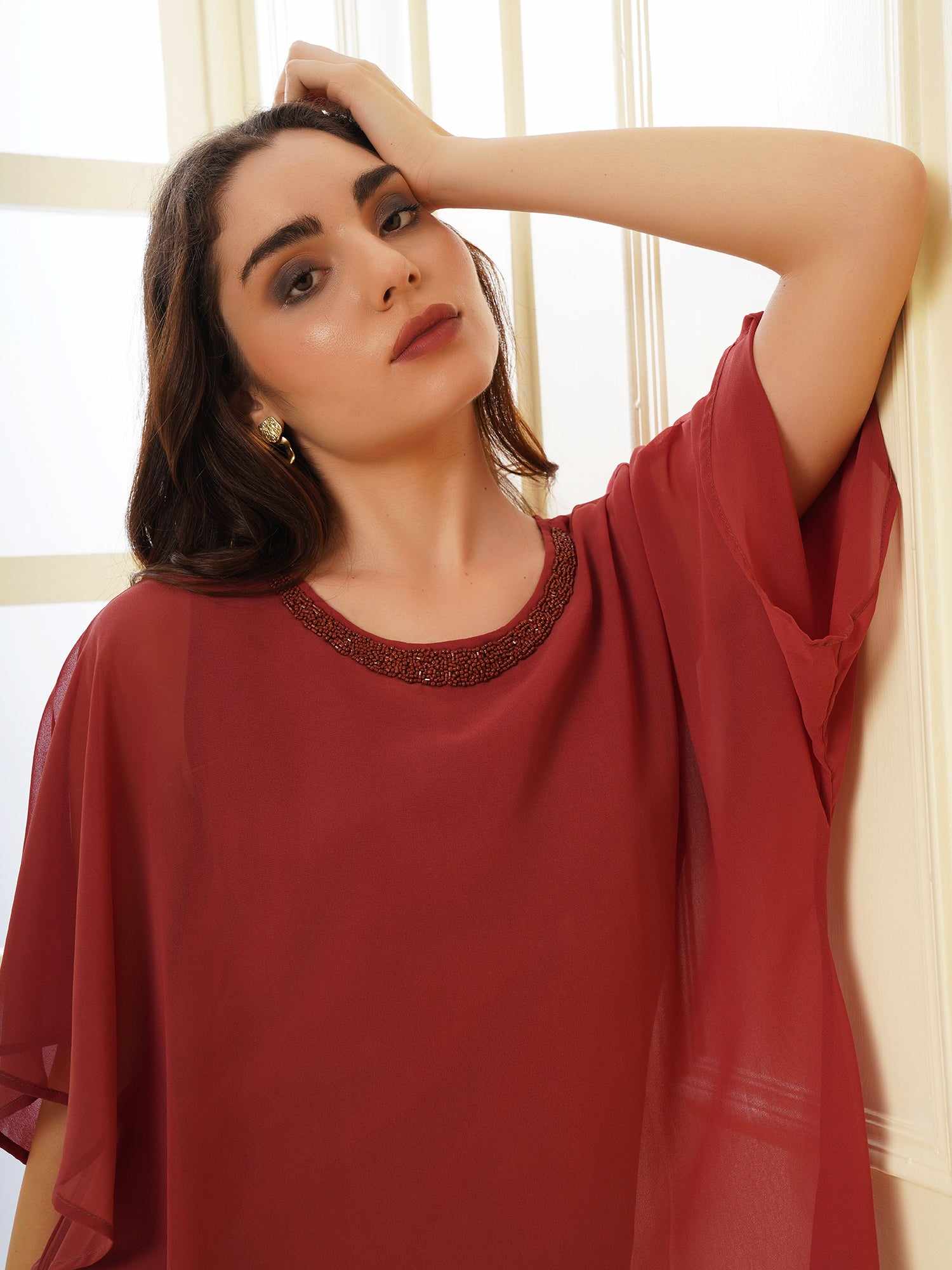 popover brown dress with neck embellishment