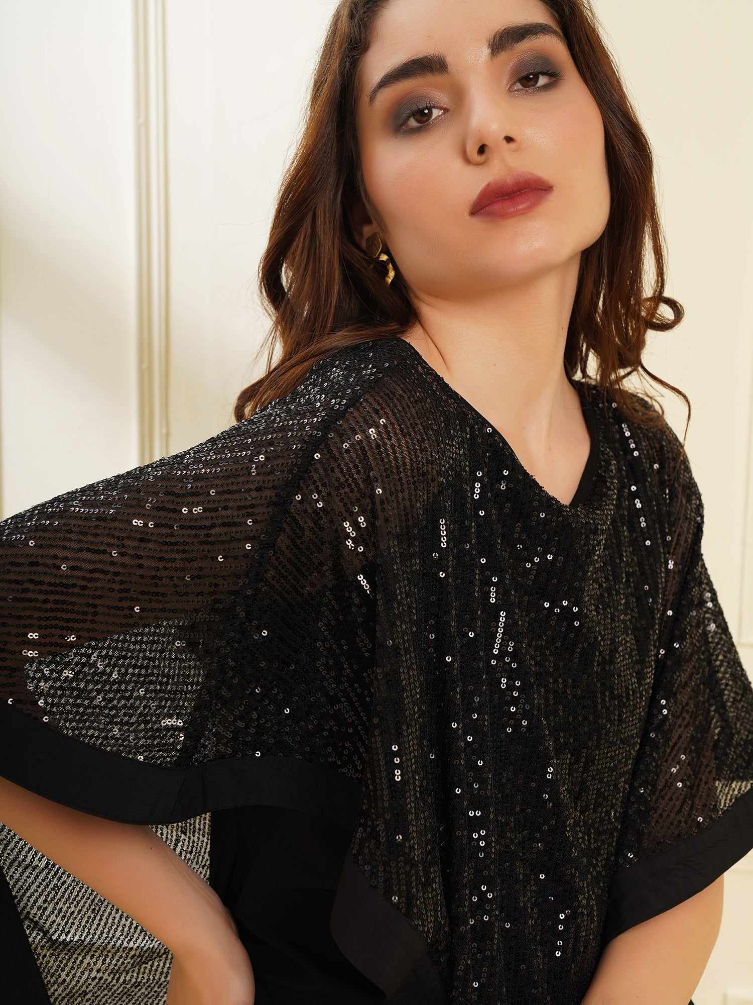 sequin popover black on black georgette dress