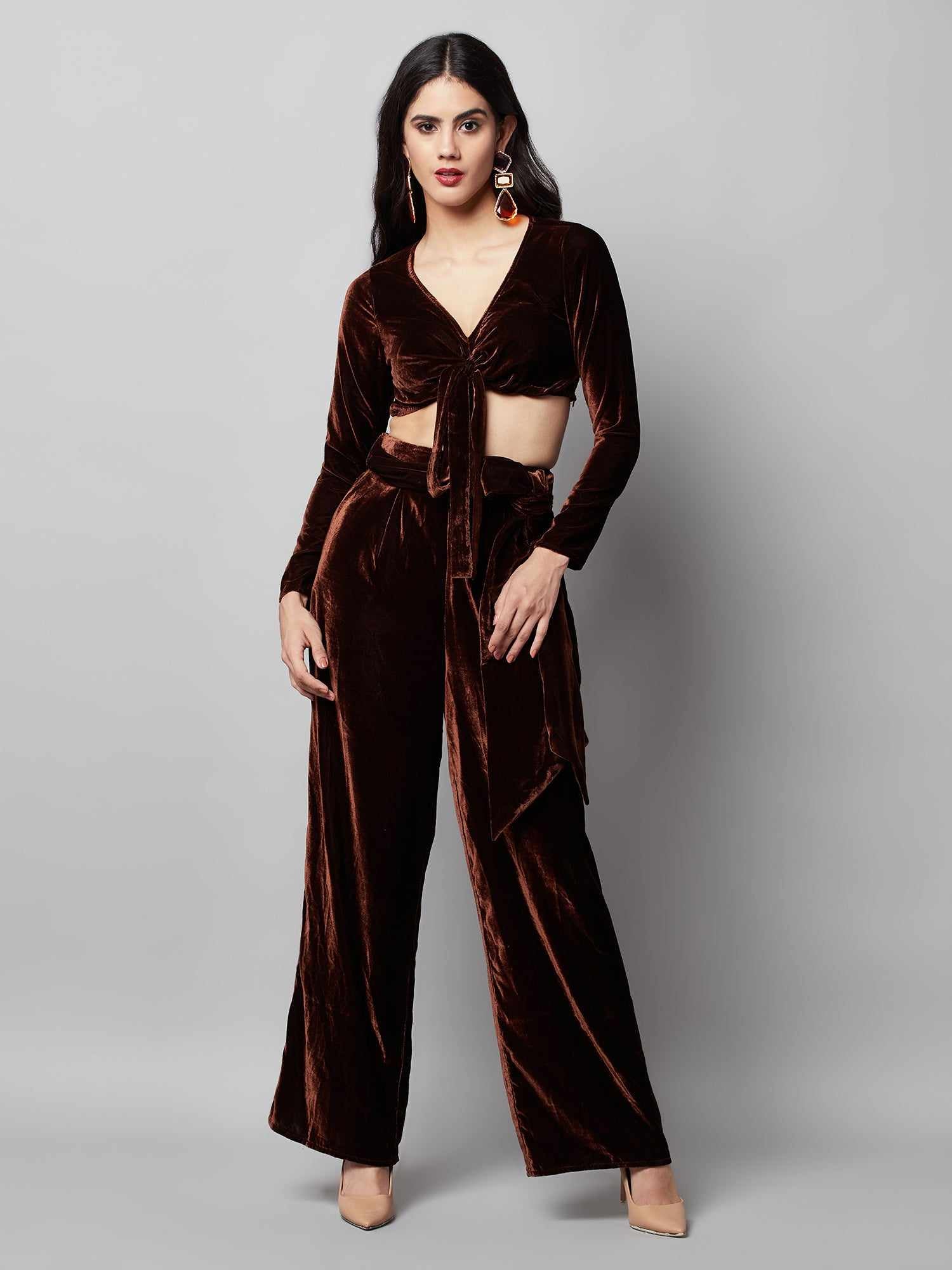 brown velour top pants set