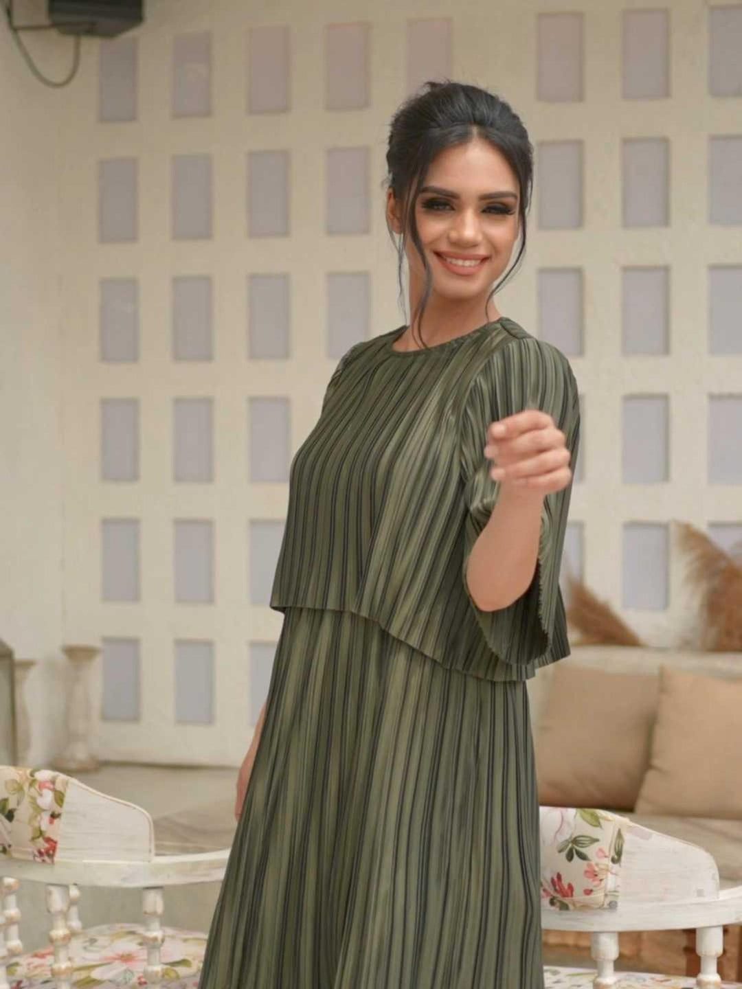 pure elegance pleated green cape dress