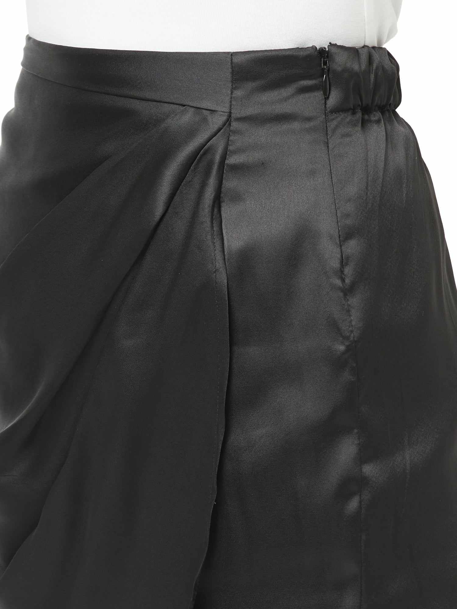 shiny satin black pleated wrap skirt