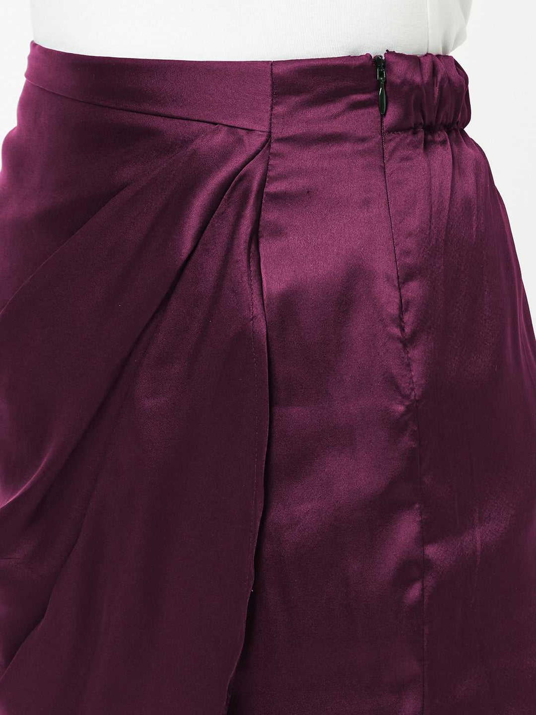 shiny satin wine pleated wrap skirt