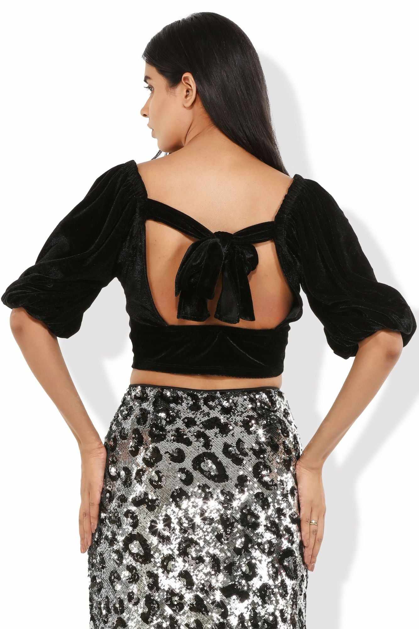 black plush velvet billowy sleeves blouse