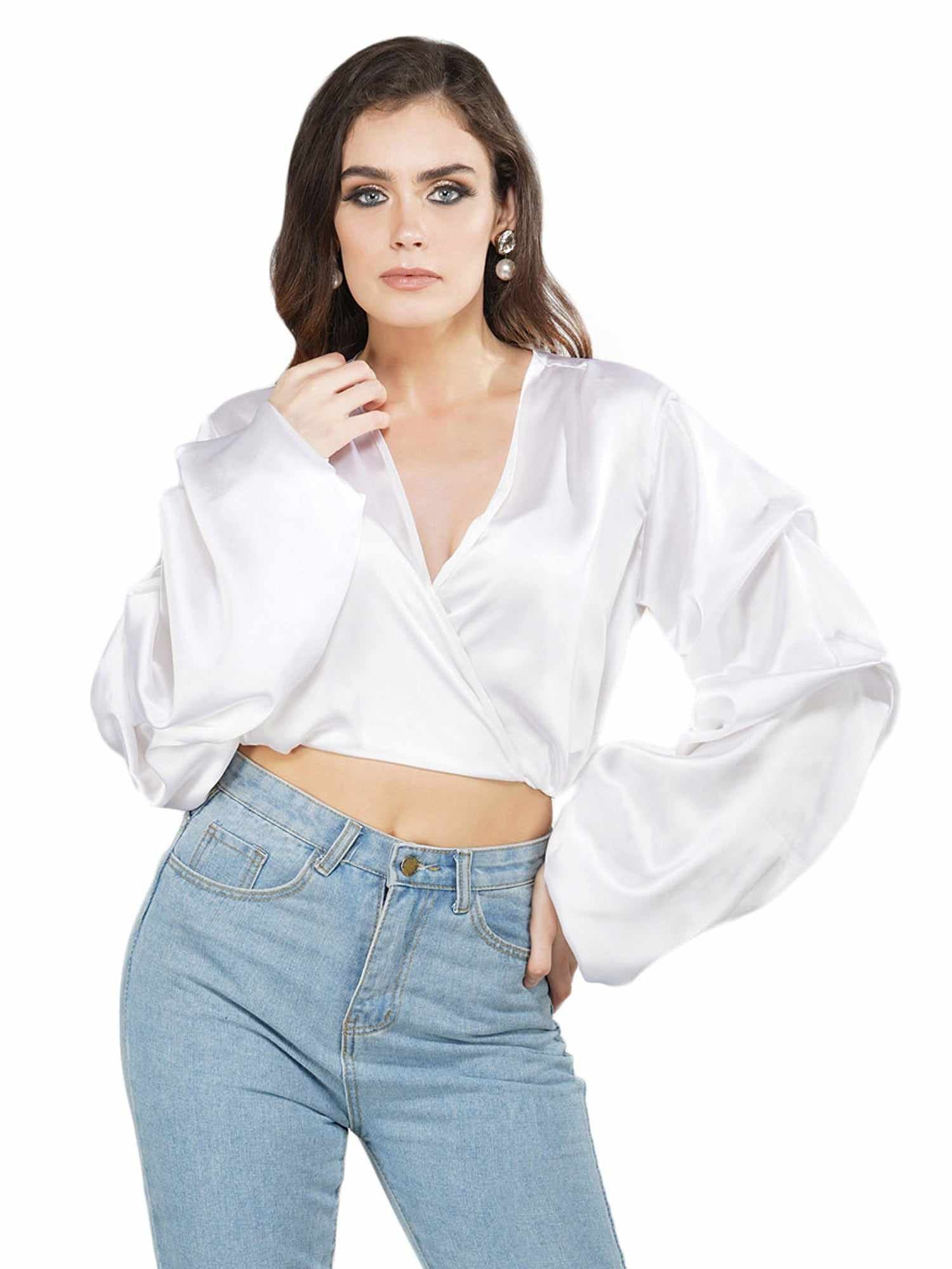 folksy pearl white satiny crop top