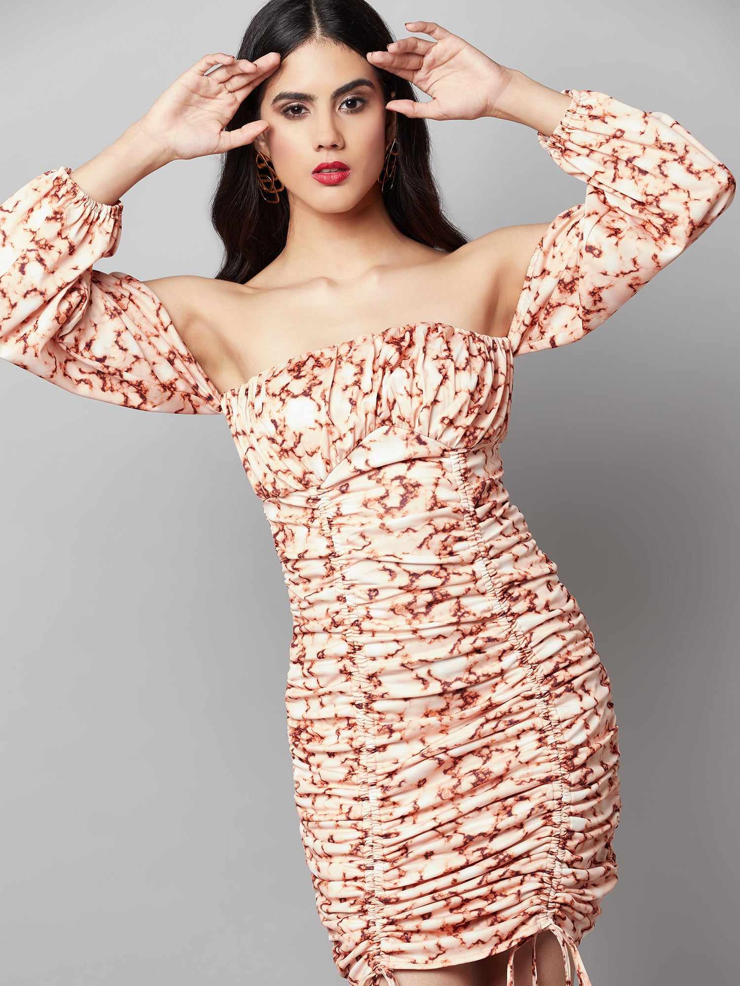 printed white ruche dress