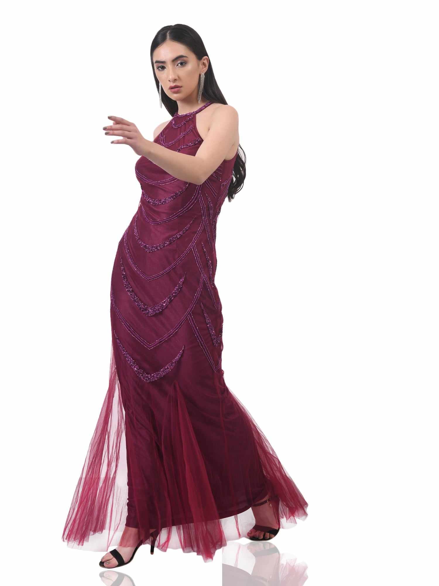 halter neck embellished wine gown