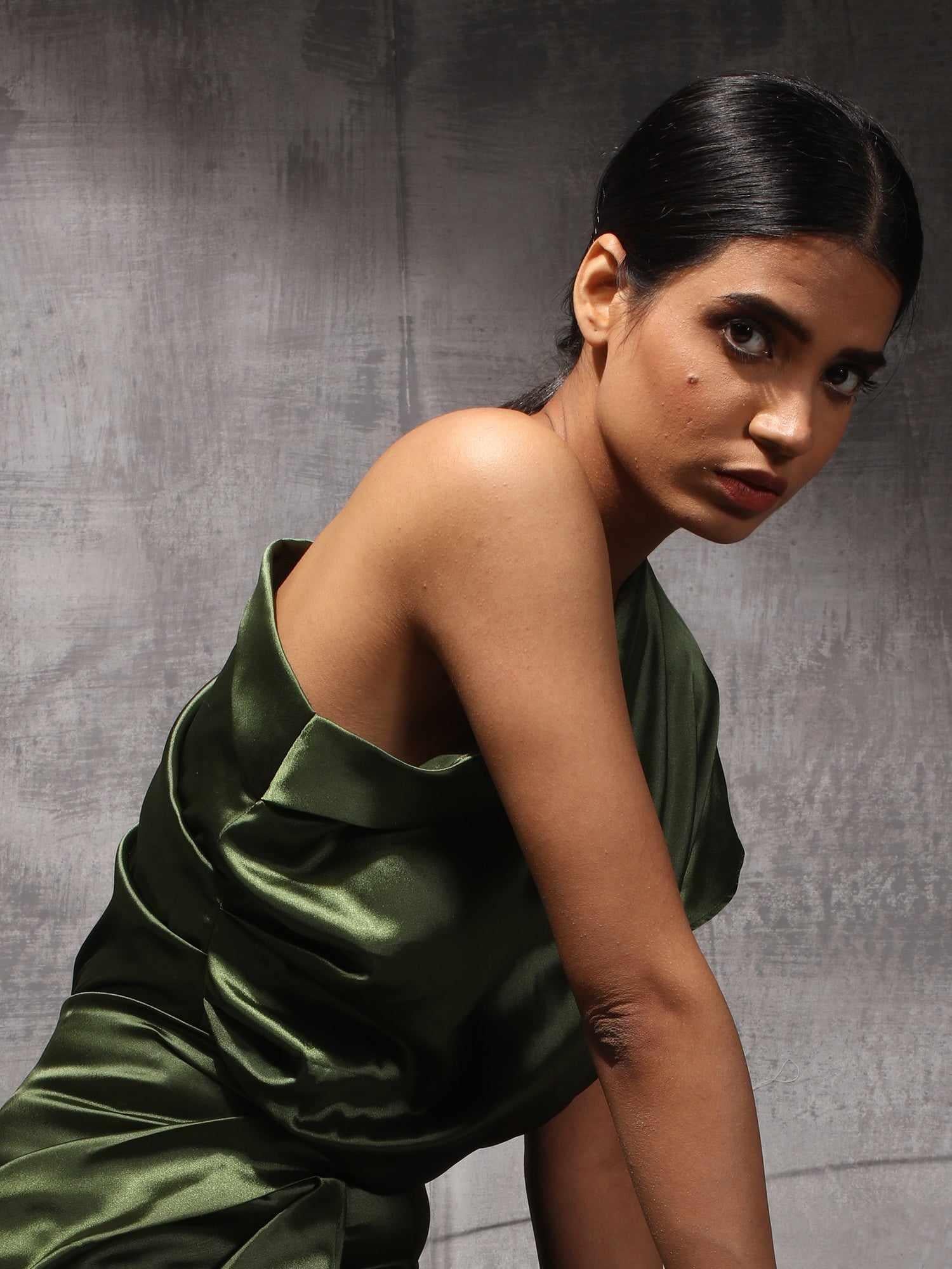 shiny satin olive green ruched top