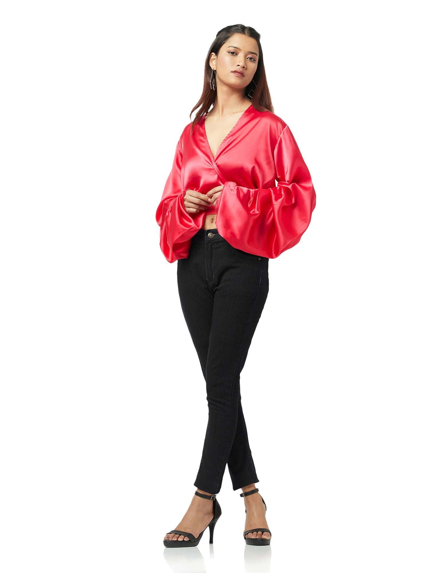 folksy pearl red satiny crop top