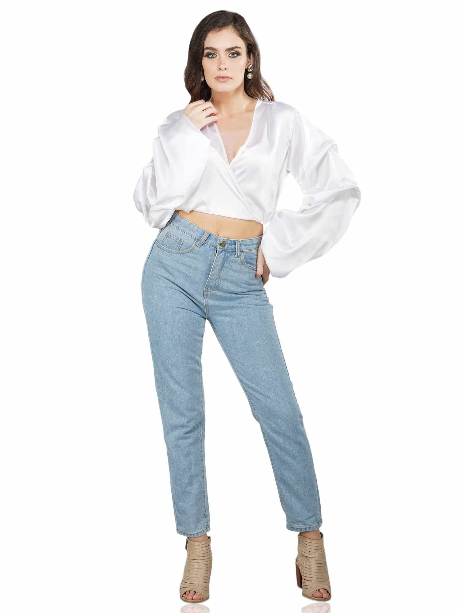 folksy pearl white satiny crop top