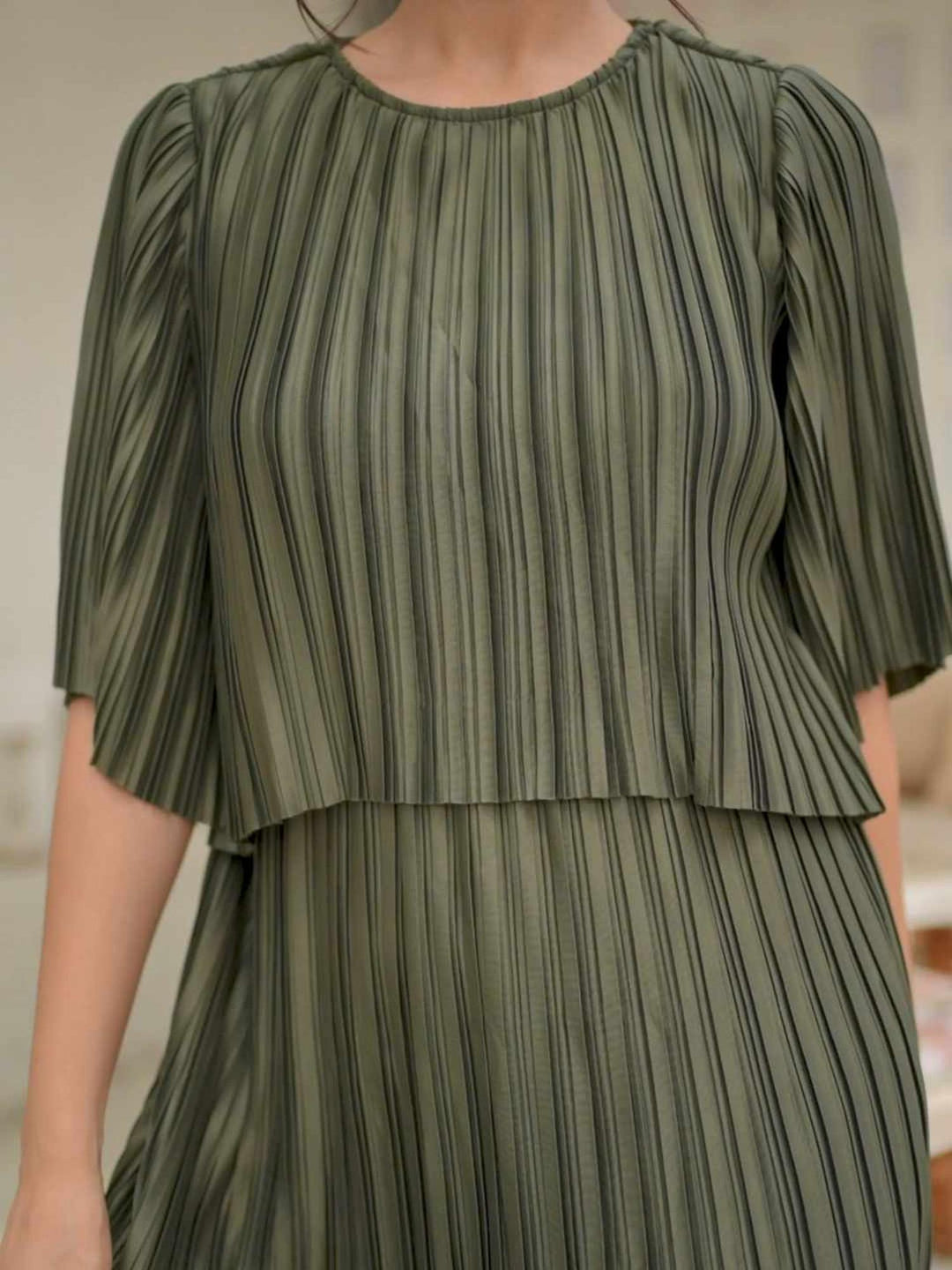 pure elegance pleated green cape dress