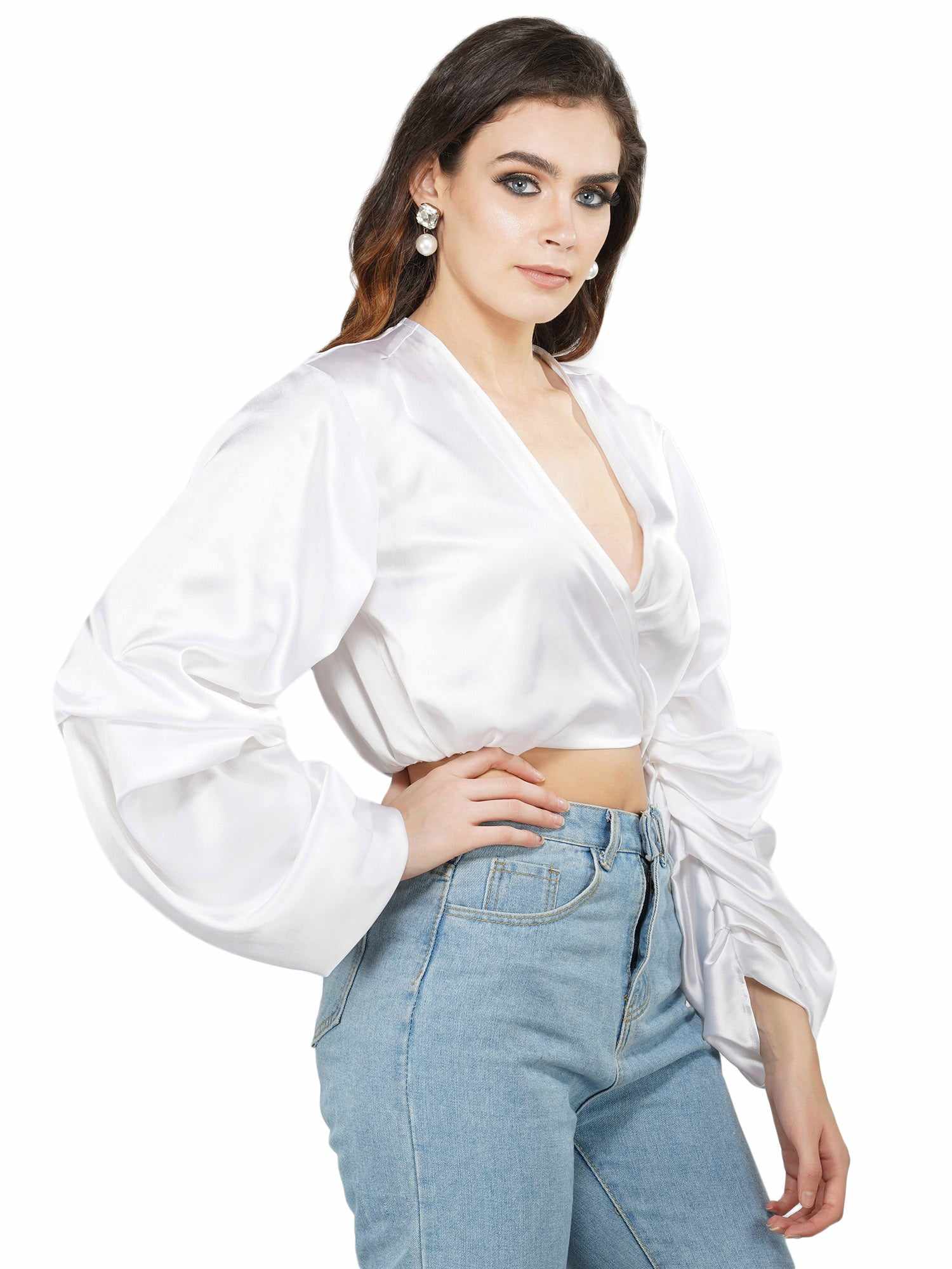 folksy pearl white satiny crop top