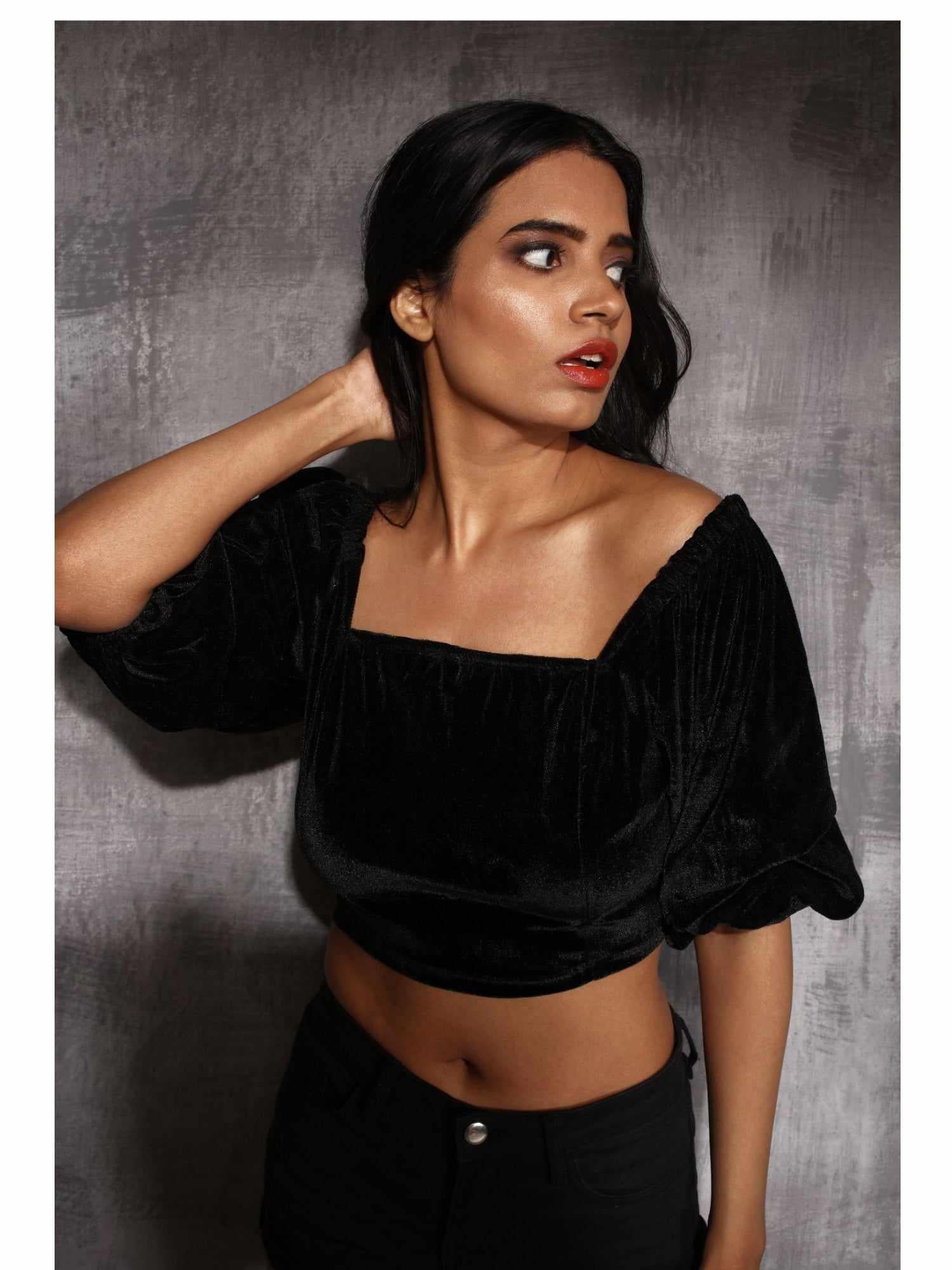 black plush velvet billowy sleeves blouse