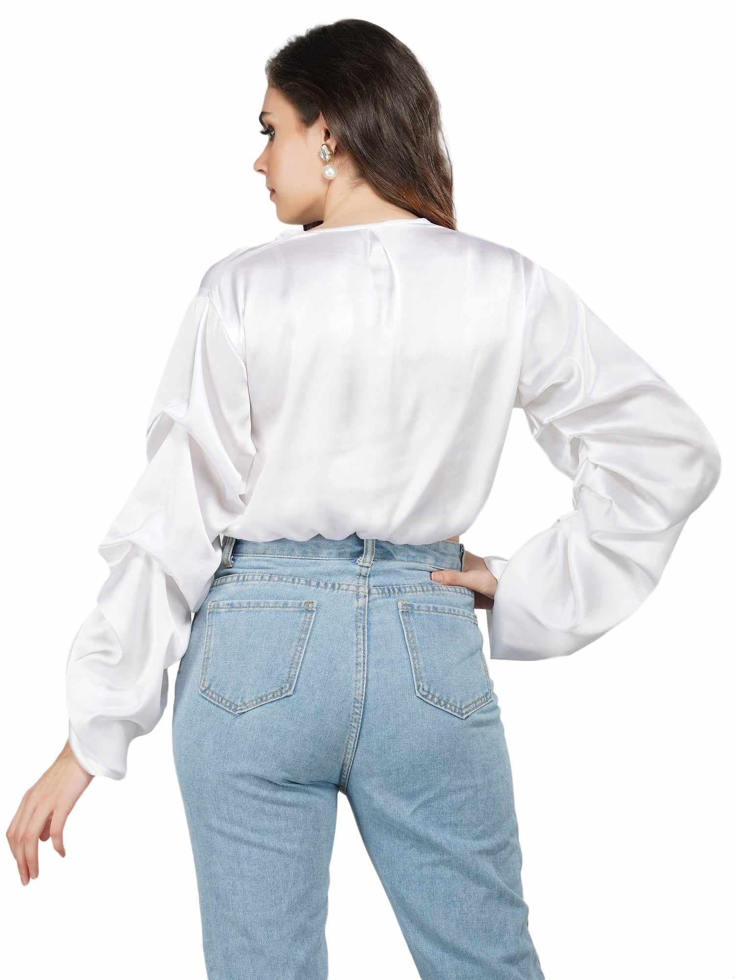 folksy pearl white satiny crop top