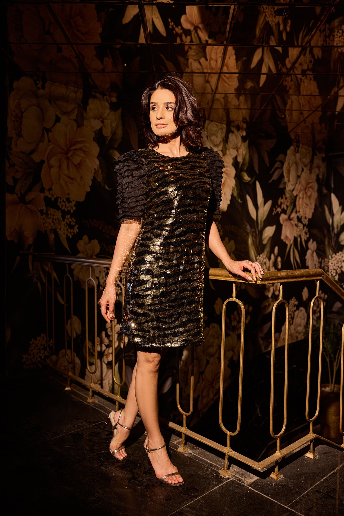 Gold Black Dramatic Sleeve Ruffle Dress