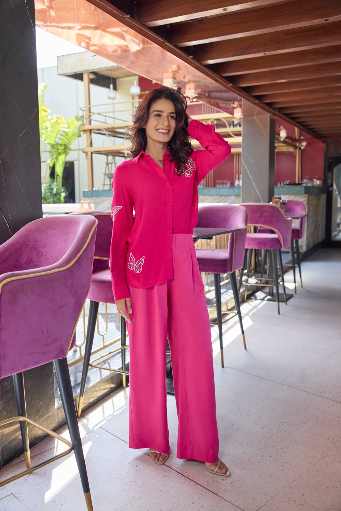 Pink Flared Pants With Pockets