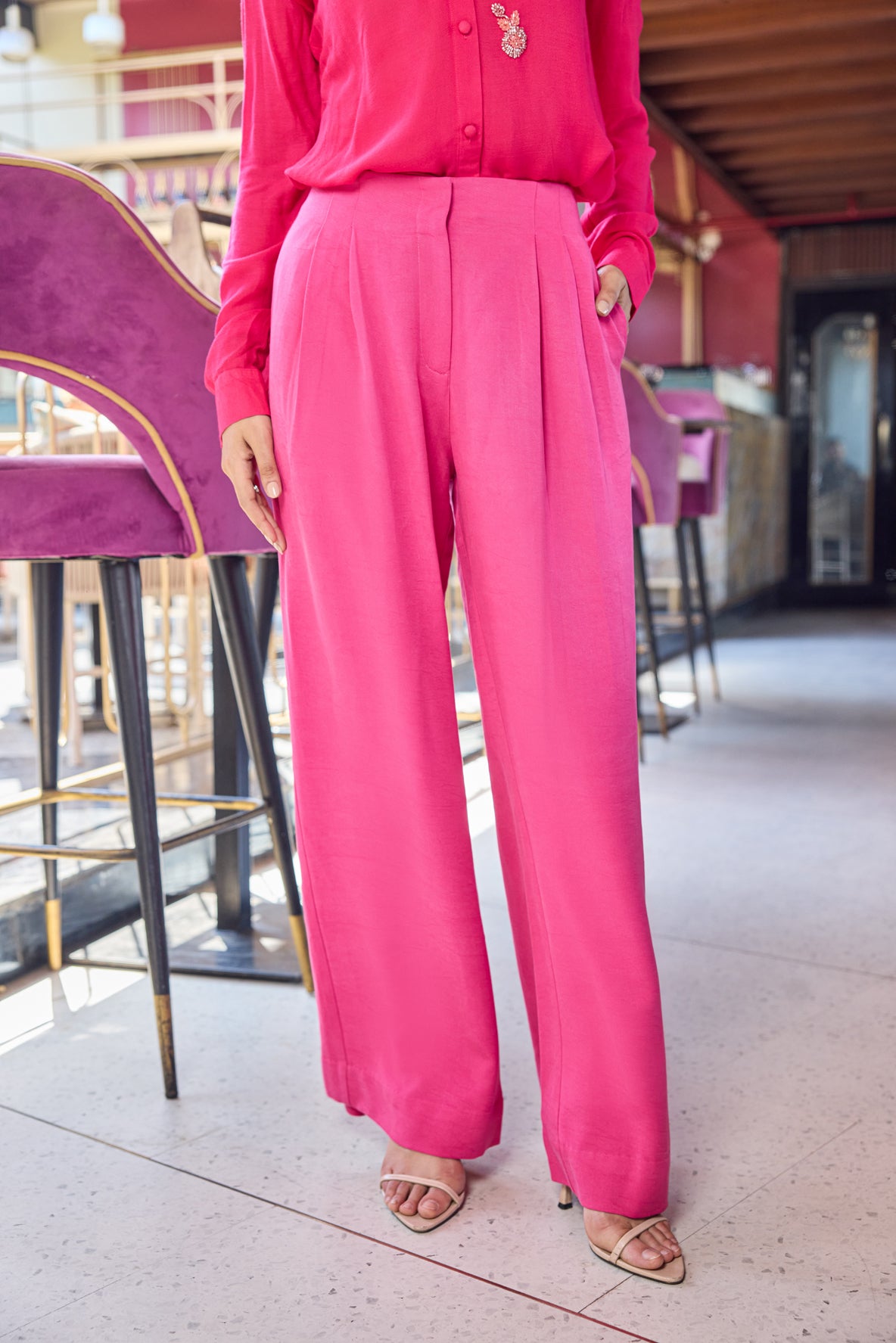 Pink Flared Pants With Pockets