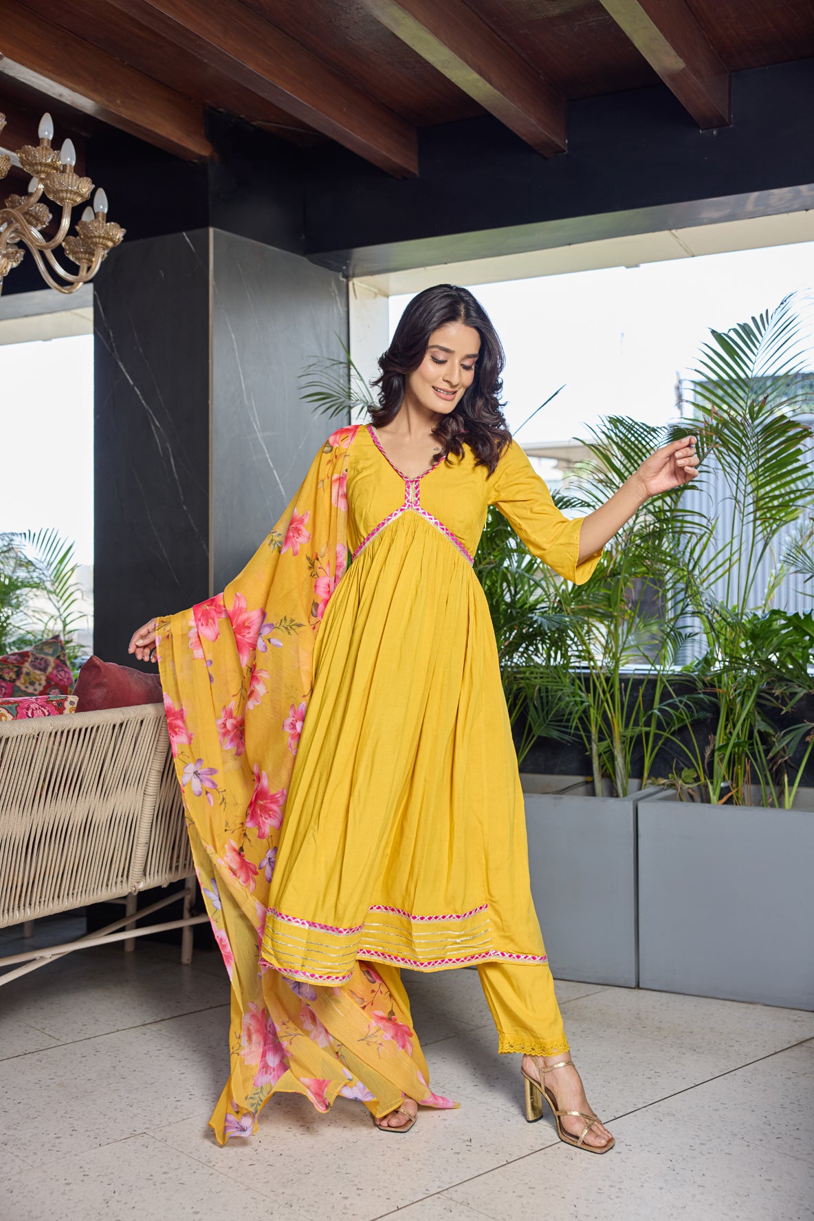 Mustard floral fit and flare suit set