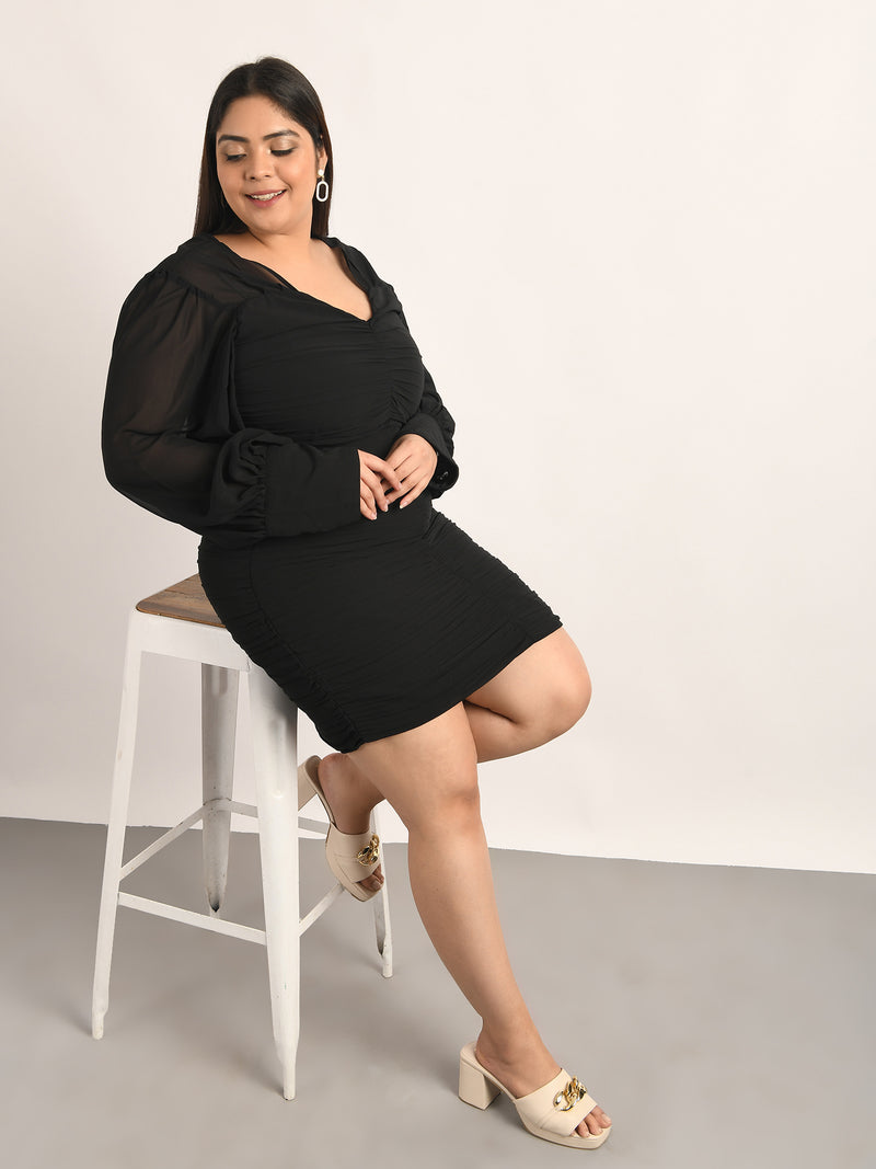 Attic Curves Black Ruched Mini Dress