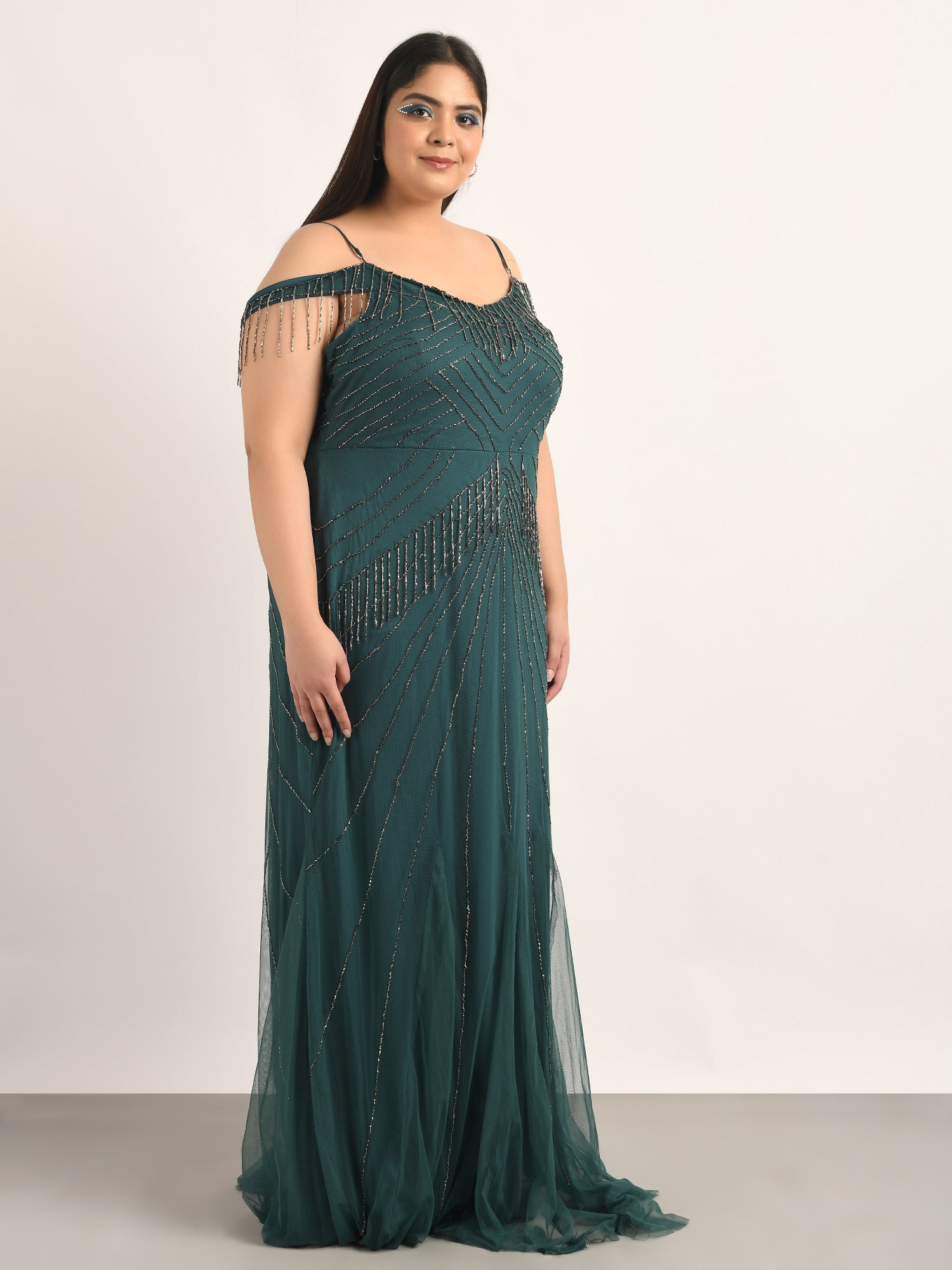 attic curves pine green beaded gown