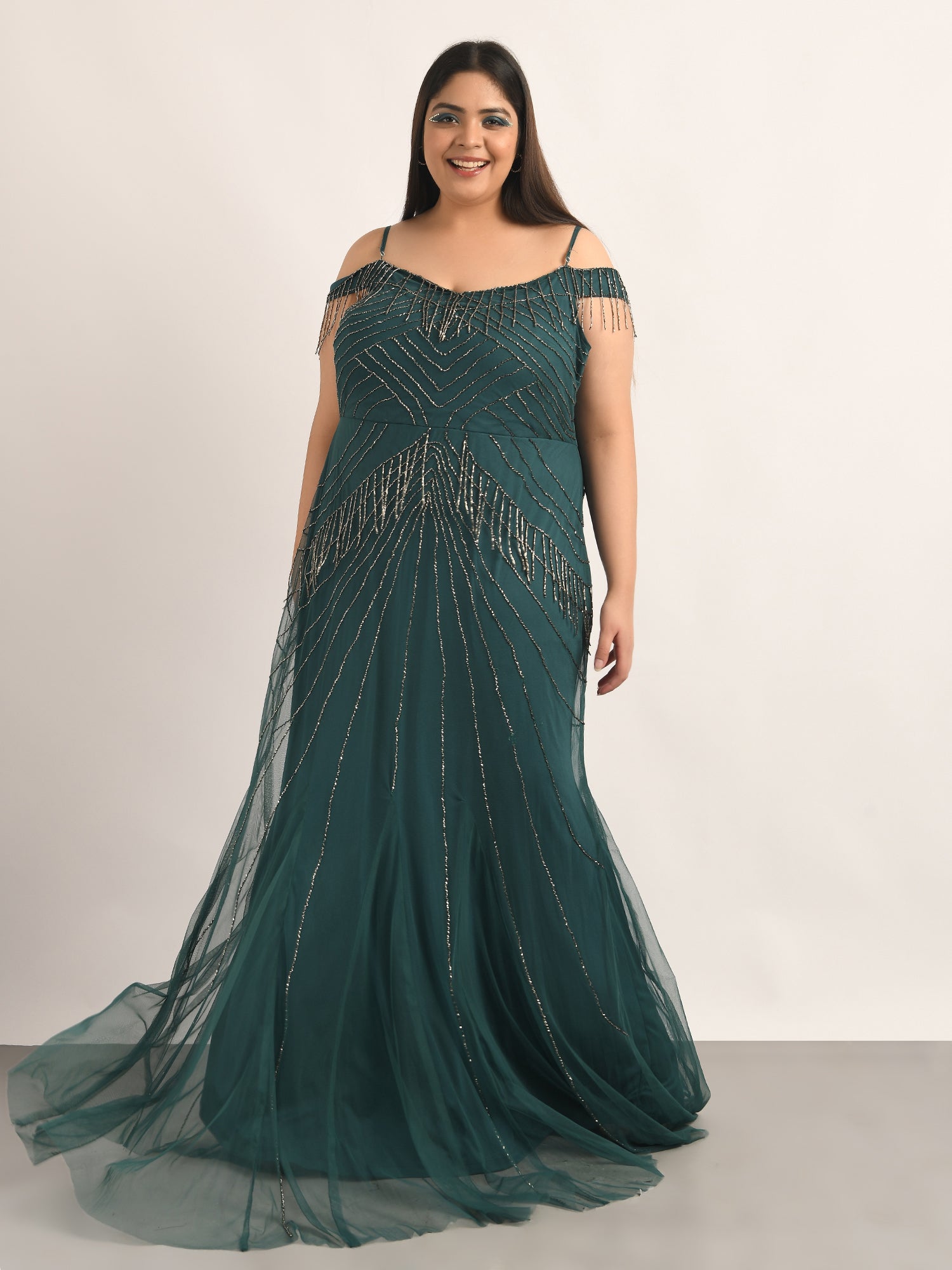 attic curves pine green beaded gown