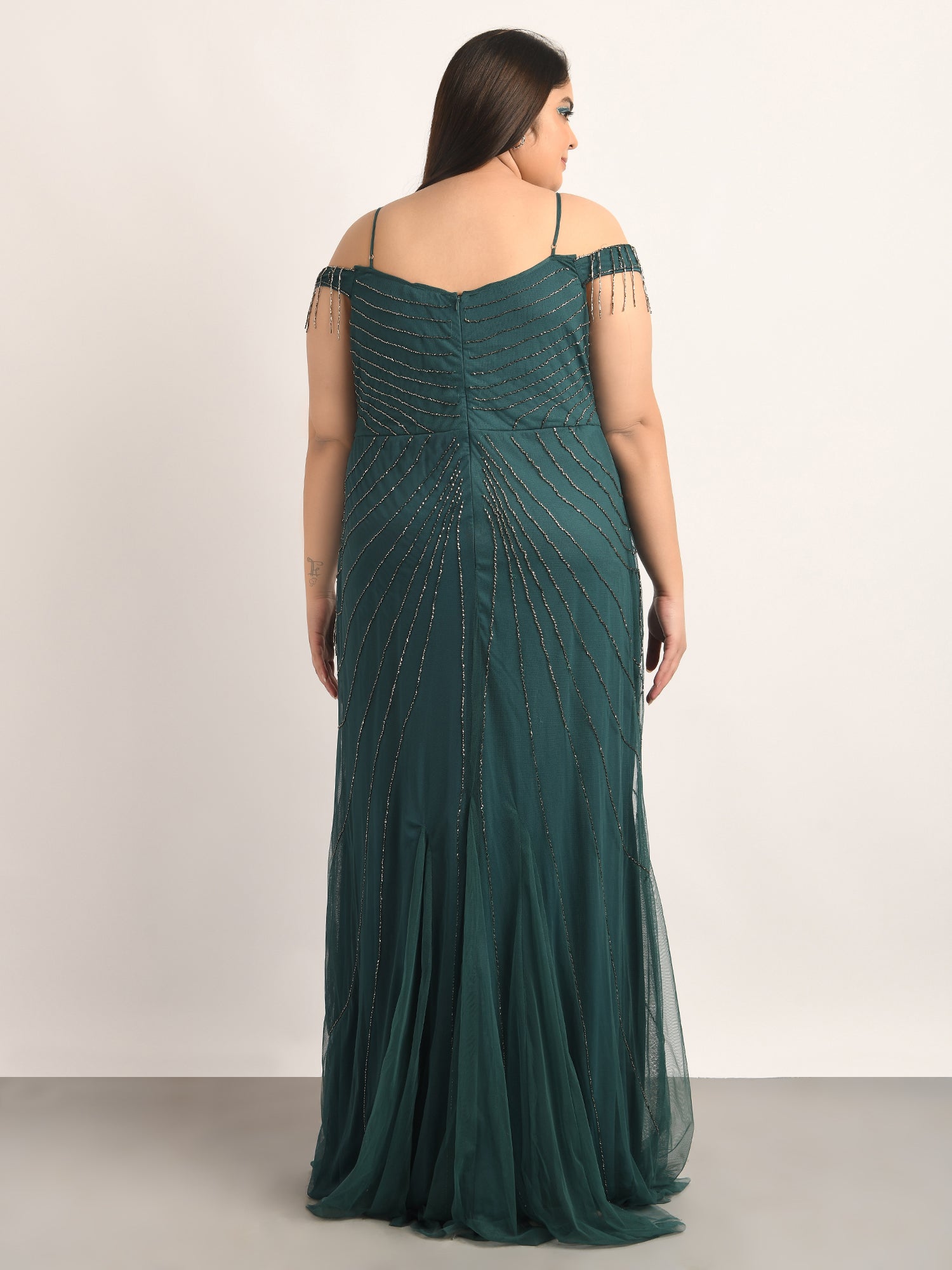 attic curves pine green beaded gown