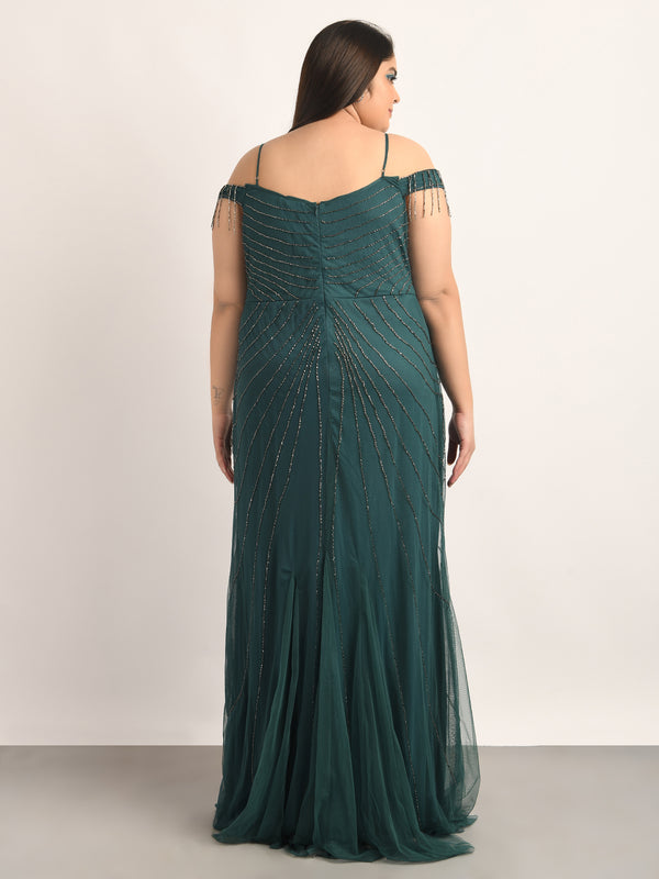 Attic Curves Pine Green Beaded Gown
