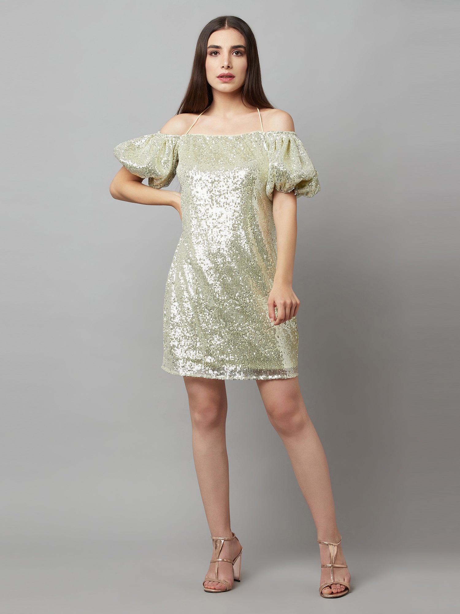 glistening puffed sleeve dress